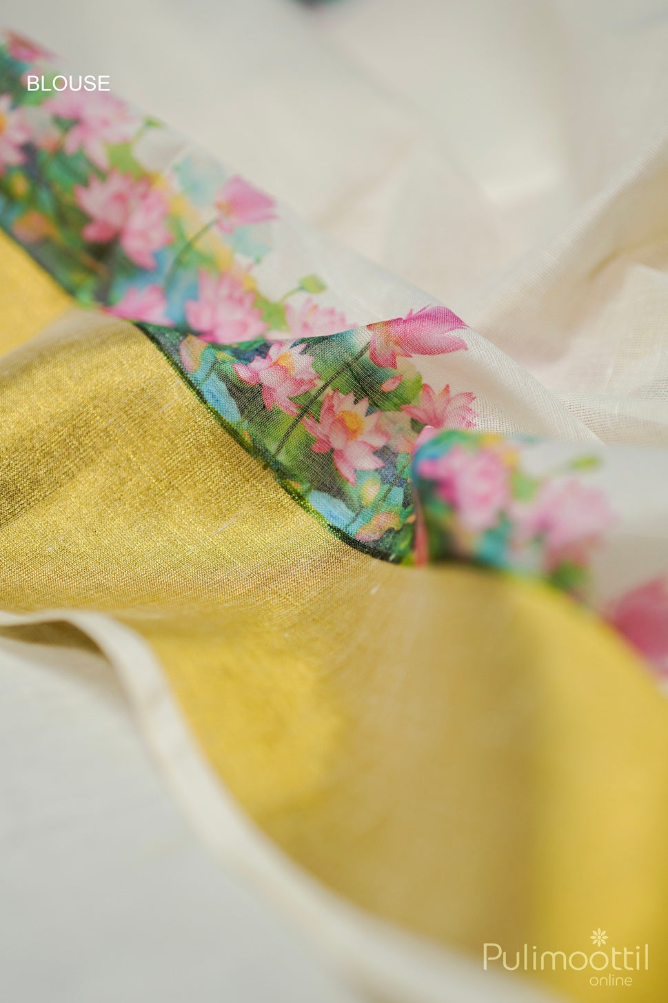 Kerala Golden Tissue Lotus Print Set Saree.