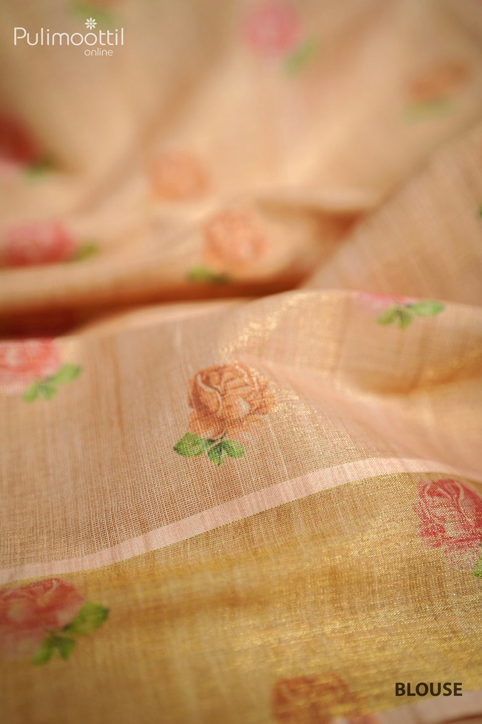 Orange Shaded Golden Tissue Floral Print Onam Fancy Saree.