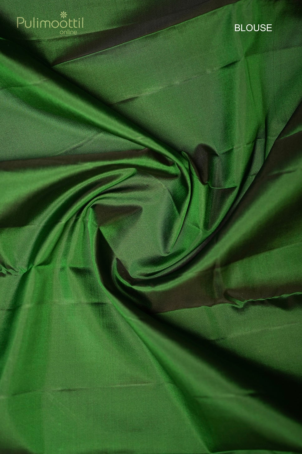 Contrast green blouse piece for pastel olive green Kanchipuram soft silk saree, plain design complementing the saree’s golden buttas and border, from Pulimoottil Silks Thrissur.