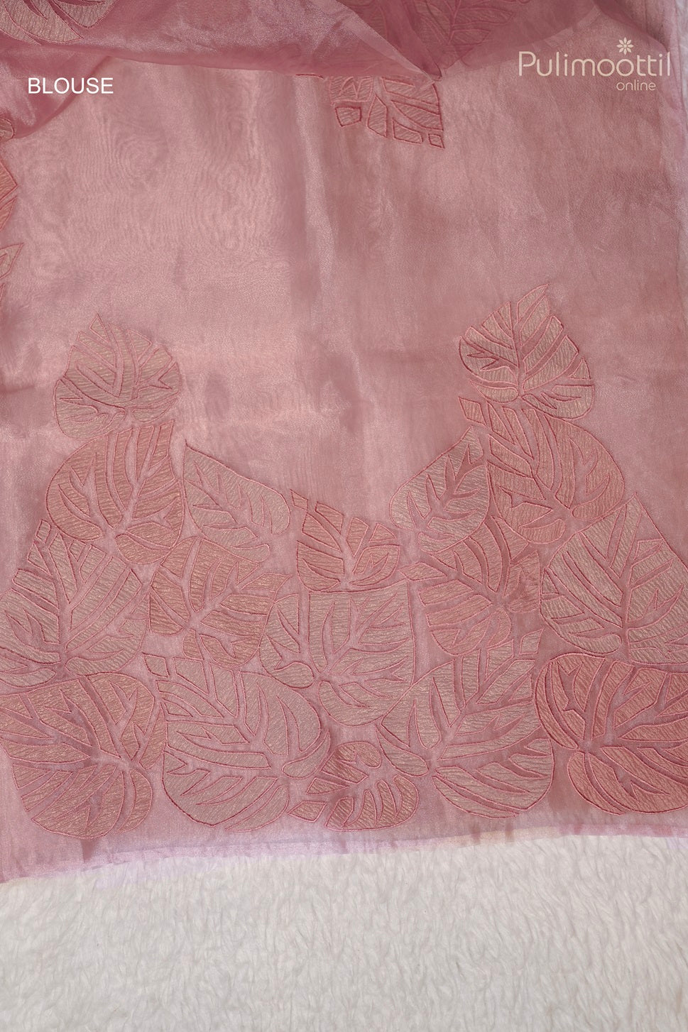 Light rose organza saree blouse piece with full applique work, complementing the saree’s applique border, perfect for bridal and wedding sarees from Thrissur Pulimoottil Silks.