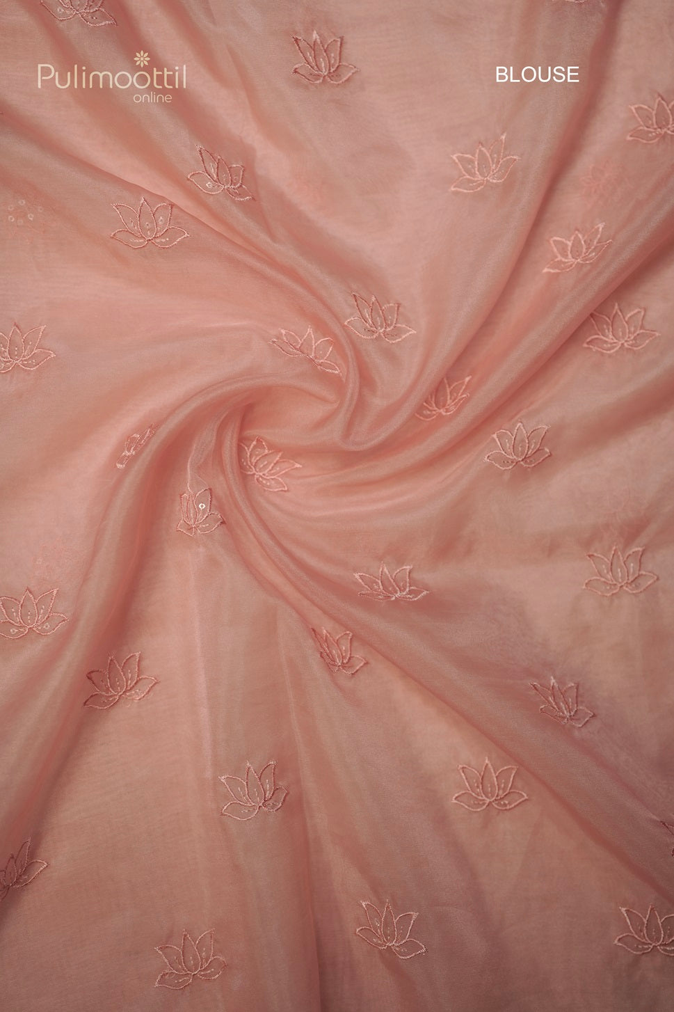 Peach organza saree blouse piece with small lotus embroidery buttas, elegant bridal and wedding saree accessory from Pulimoottil Silks Thrissur.