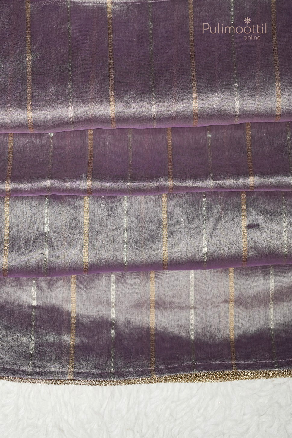 Close-up of lavender organza saree pallu with pearl and bead work