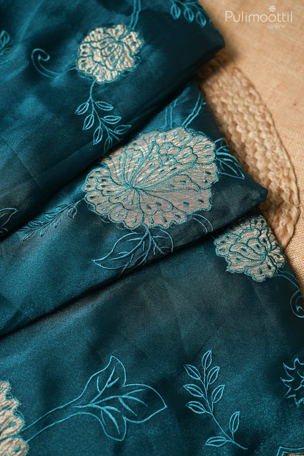 Peacock blue color applique work fancy saree