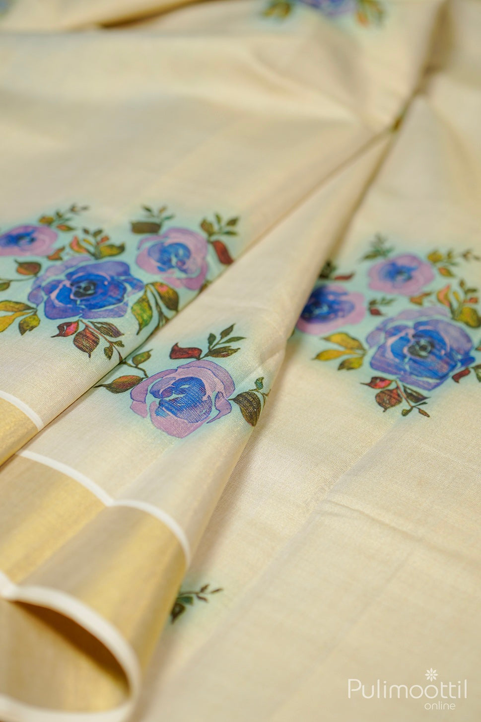 Kerala Golden Tissue Rose Print Set Saree