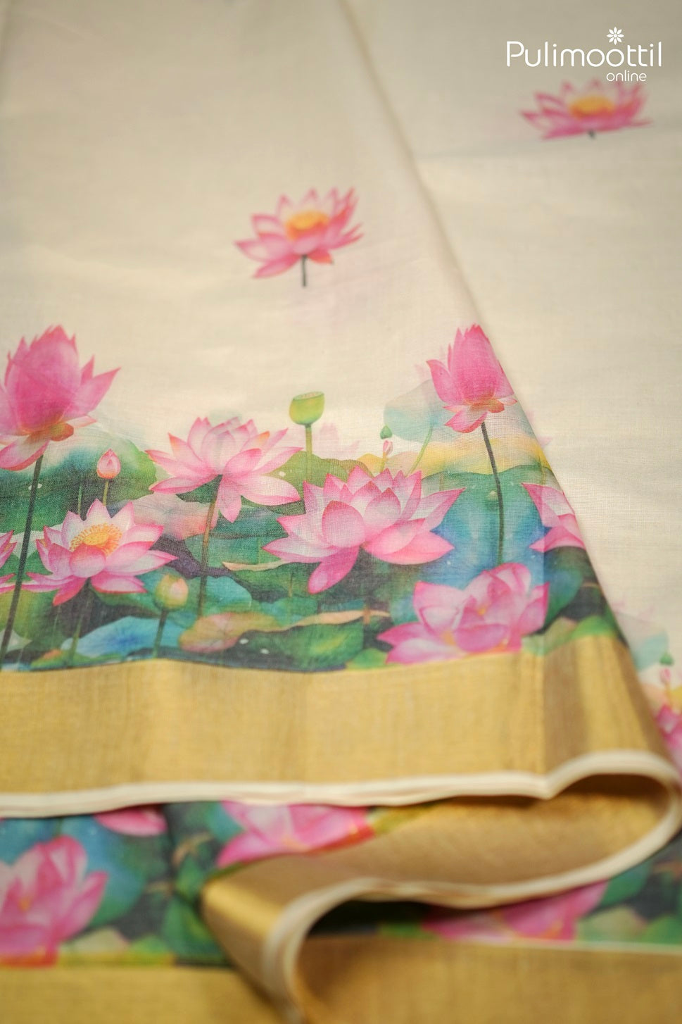 Kerala Traditional Cotton Lotus Print Set Saree.