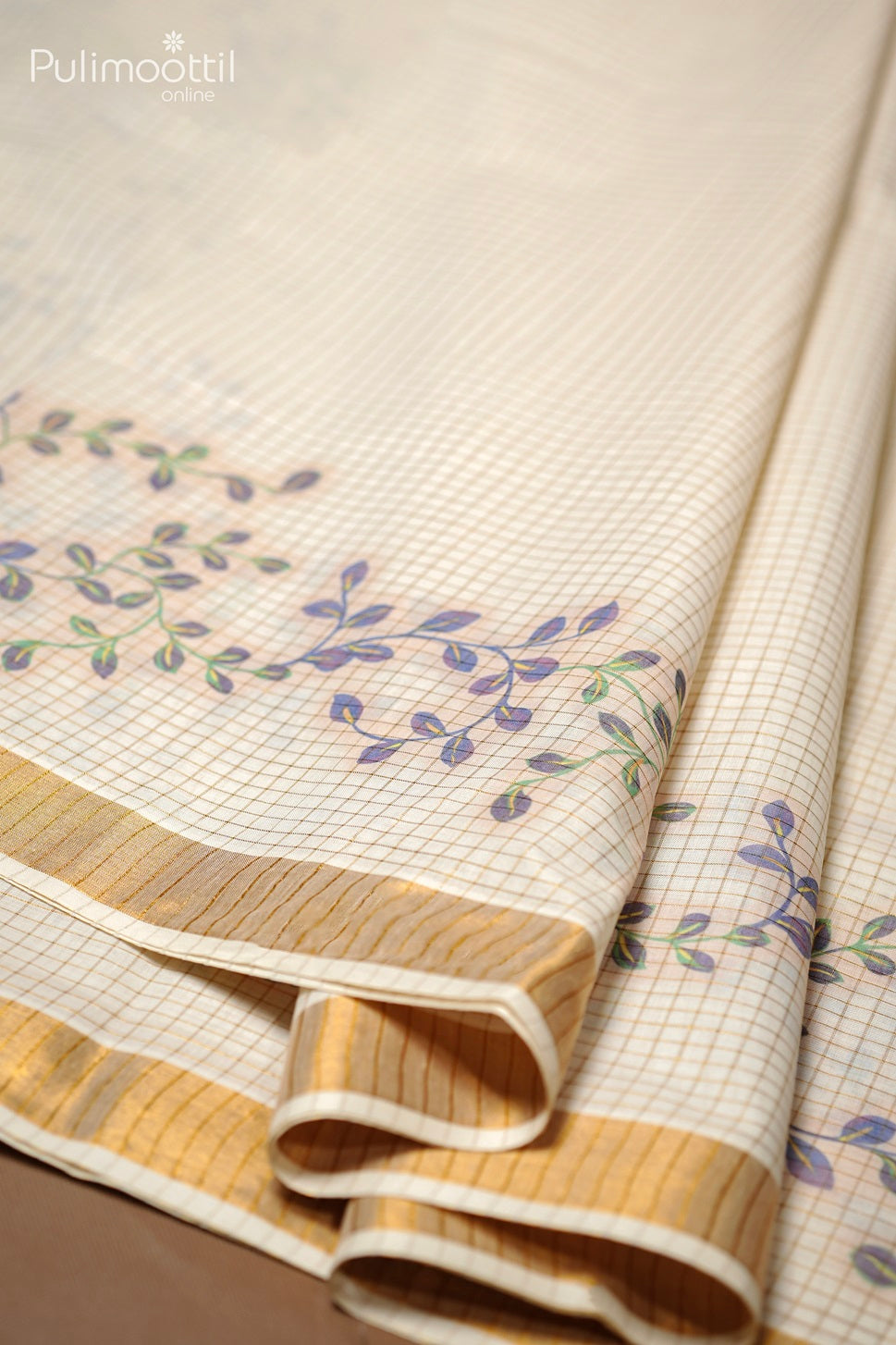 Cream Colour Kerala Cotton Golden Check Set Saree.