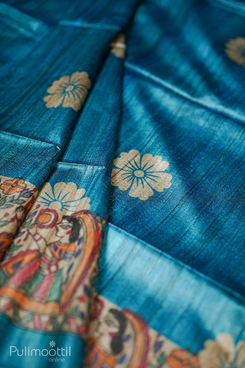 Dark Sky Blue Colour Madhubani Printed Saree.