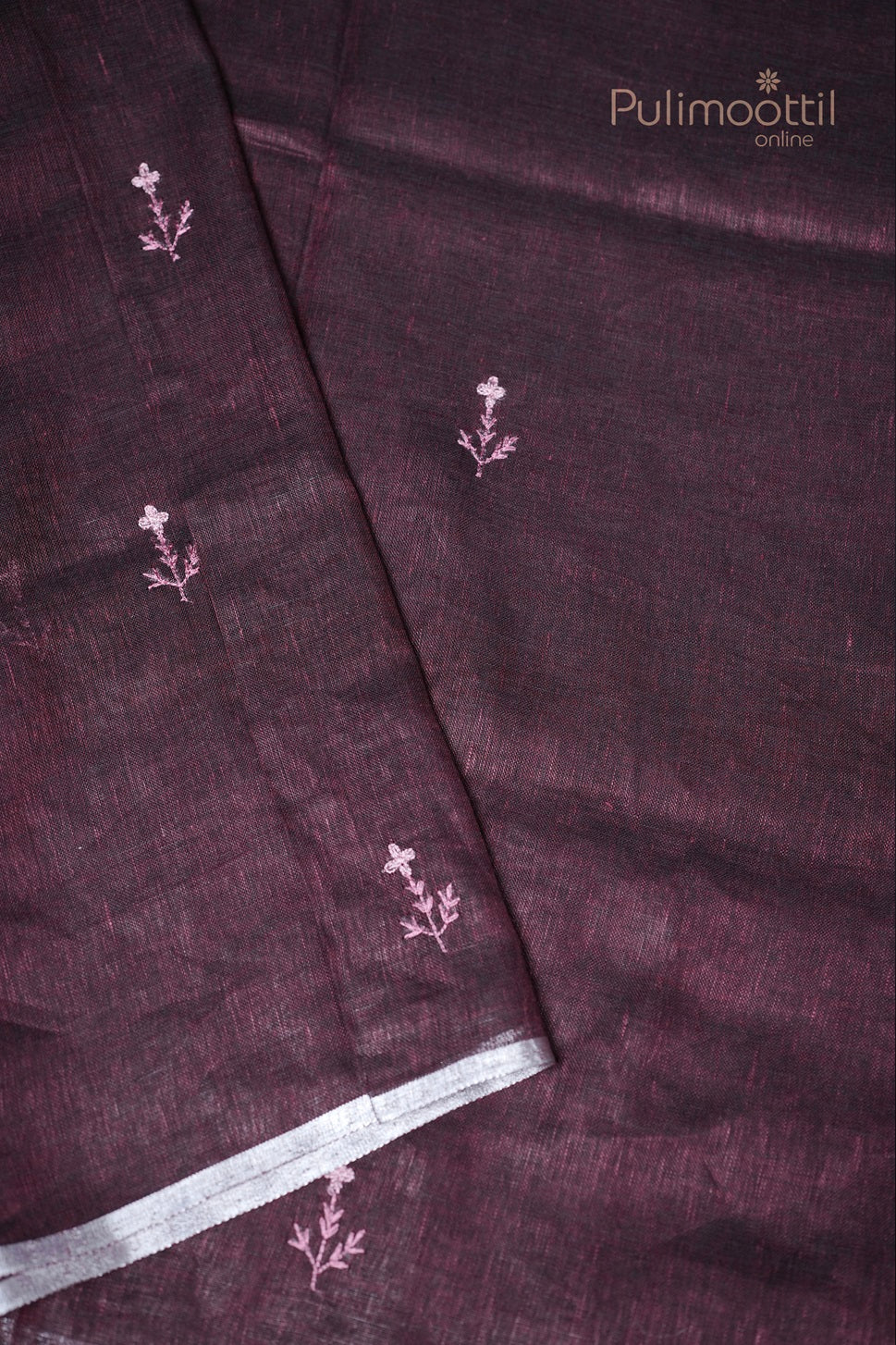 Dark Maroon Colour Linen Embroidery Saree
