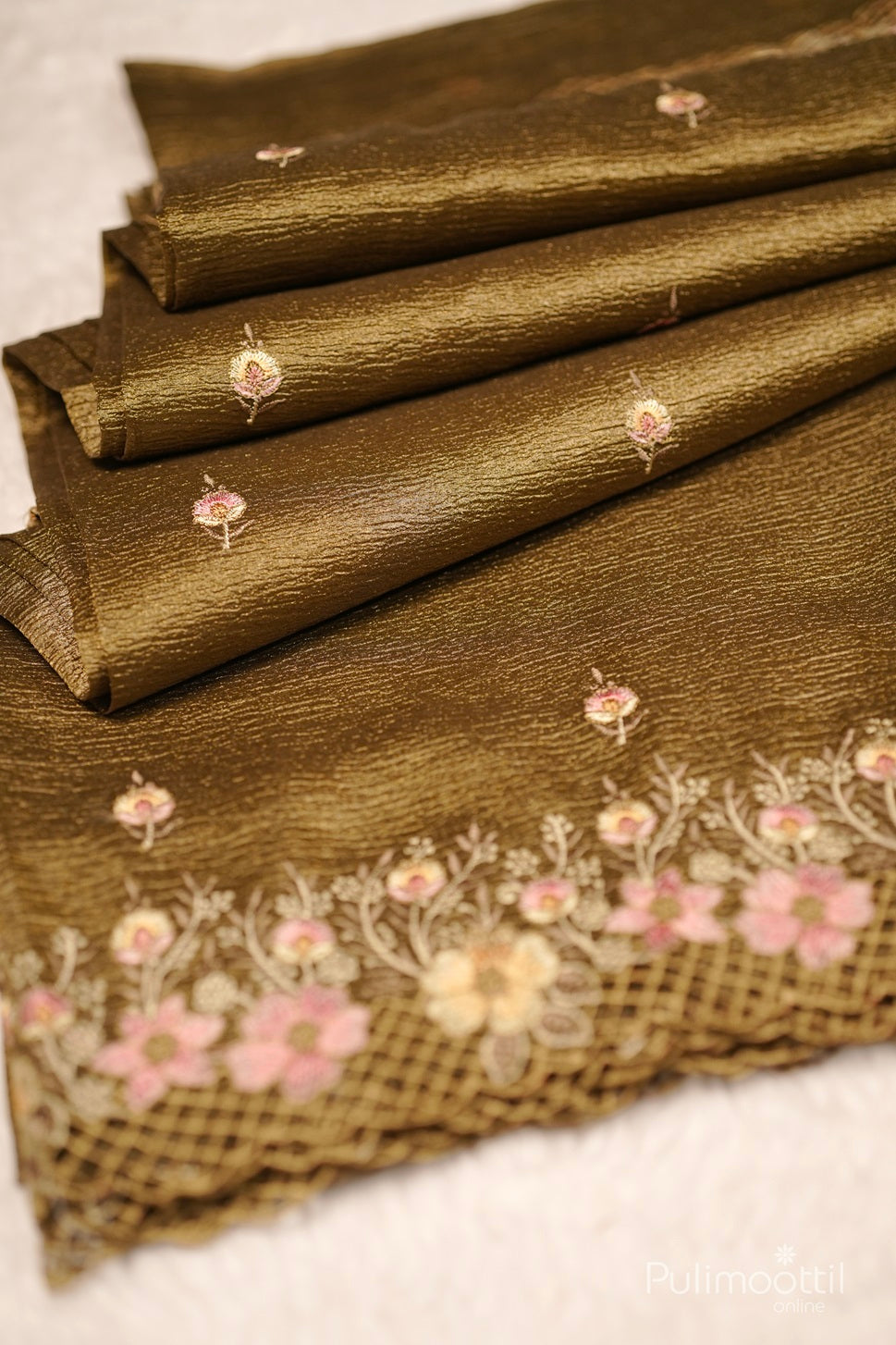Olive Green Colour shimmer Crushed Organza Fancy Saree