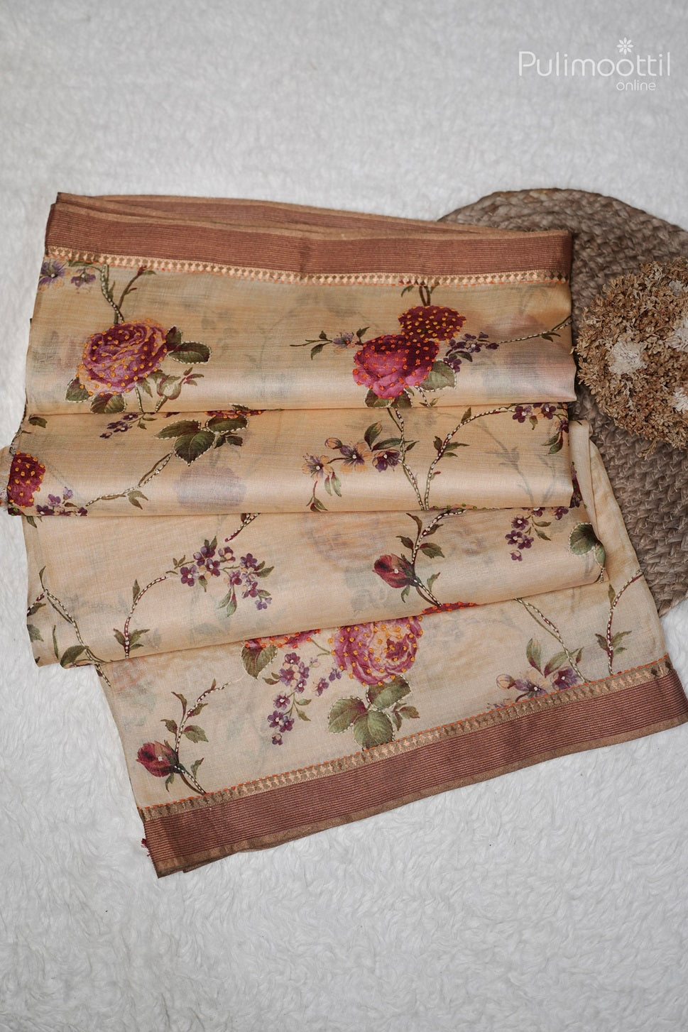 Golden Yellow Colour Printed Hand Work Tussar Silk Saree