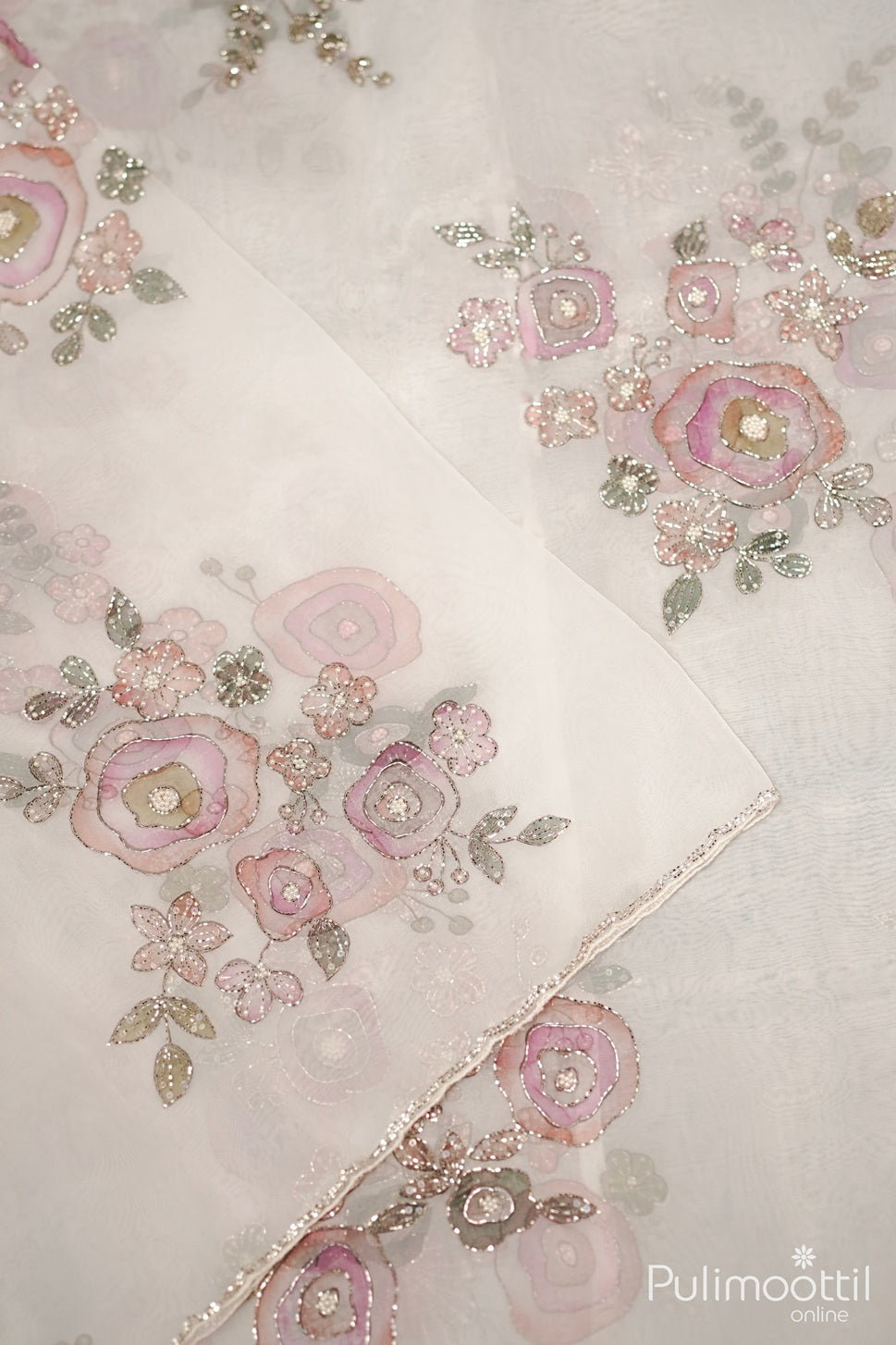 White Colour Organza Fancy Saree.