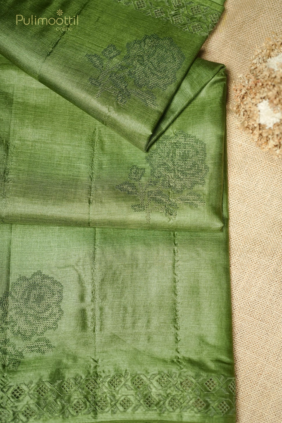 Dusty Green Colour Cross-Stitch Tussar Silk Saree