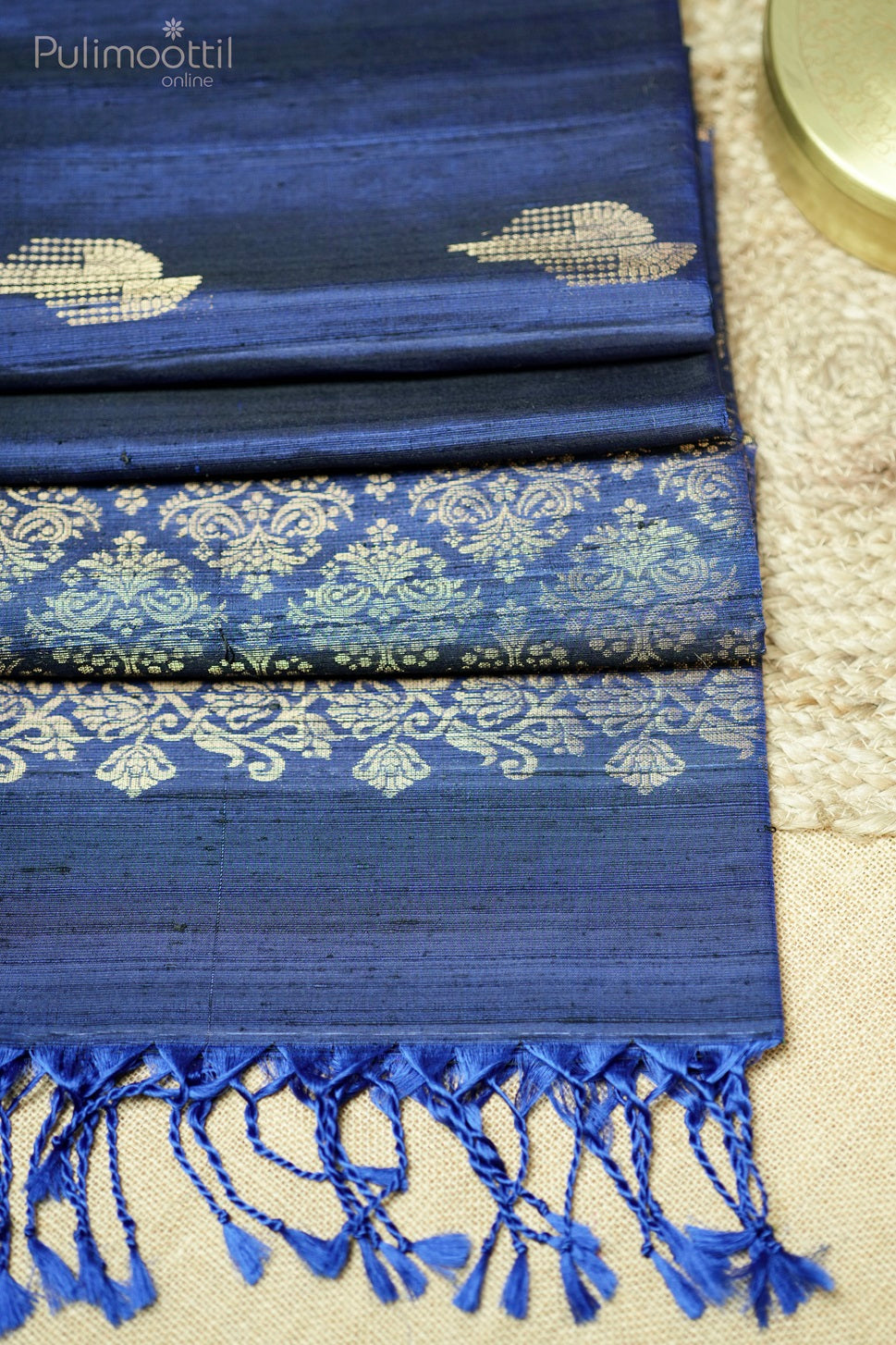 Dark Peacock Blue Colour Kanchipuram Jute Silk Saree