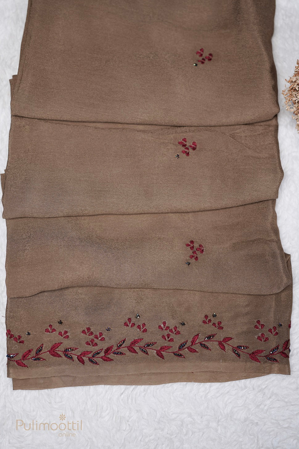 Dark Chikoo Shade Hand Embroidery Fancy Saree