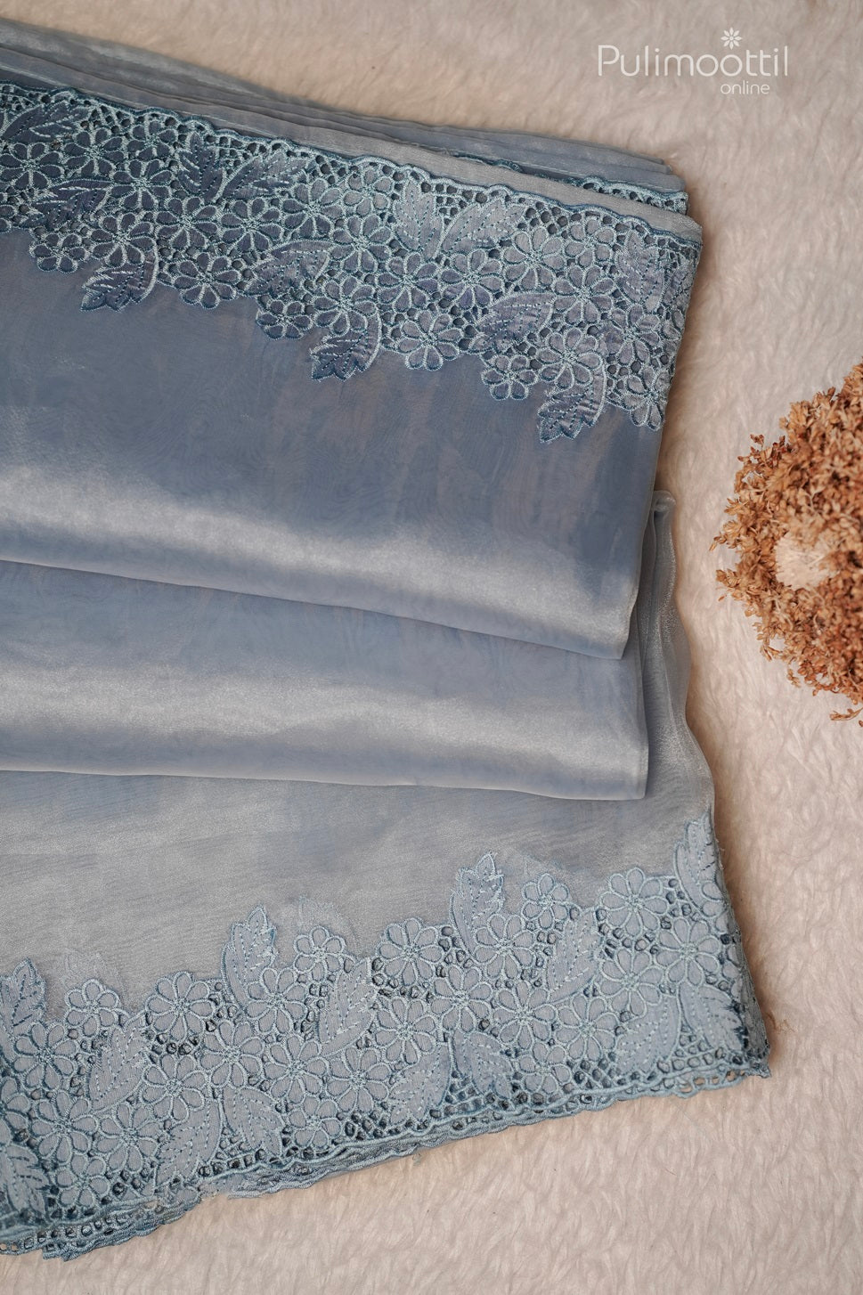 Pastel Blue Colour Cut Work Organza Fancy Saree