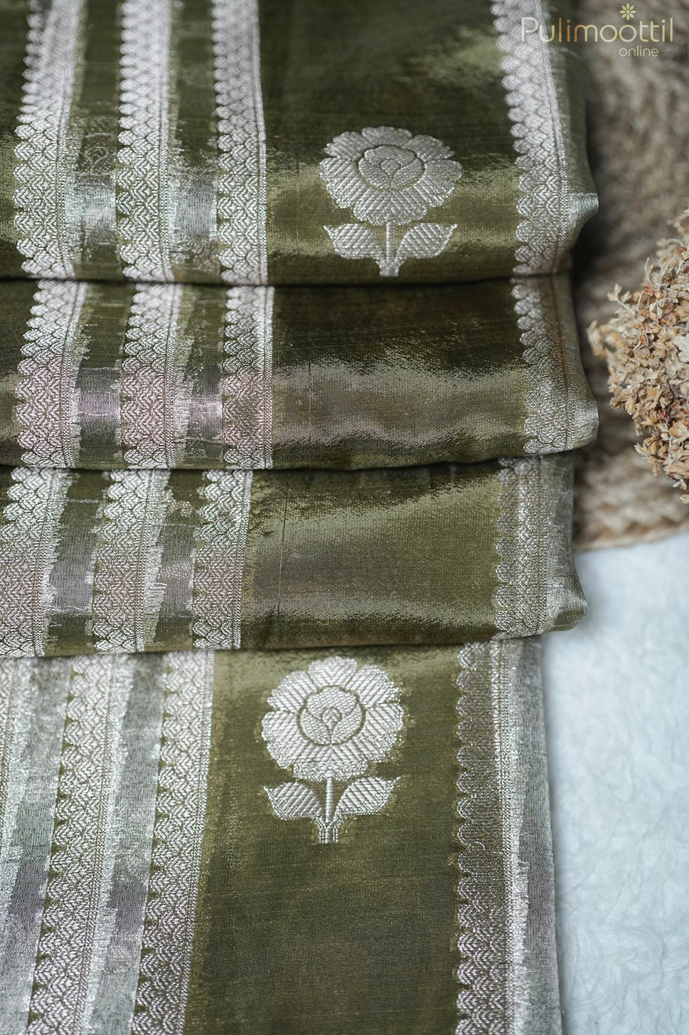 Olive Green Colour Chiniya Silk Fancy Saree