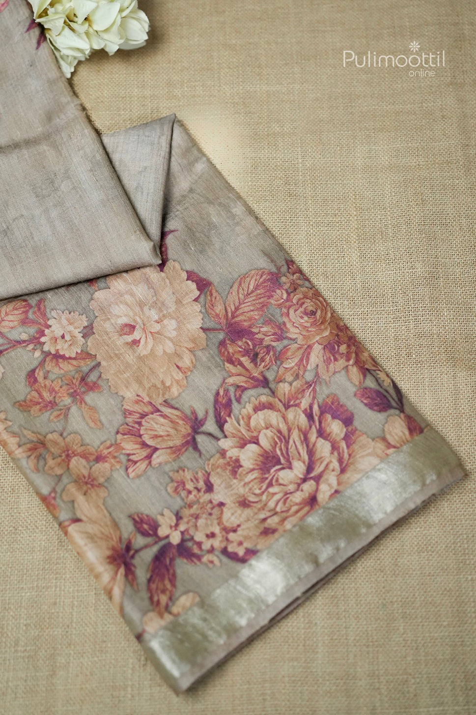 Chikku color printed jute silk saree