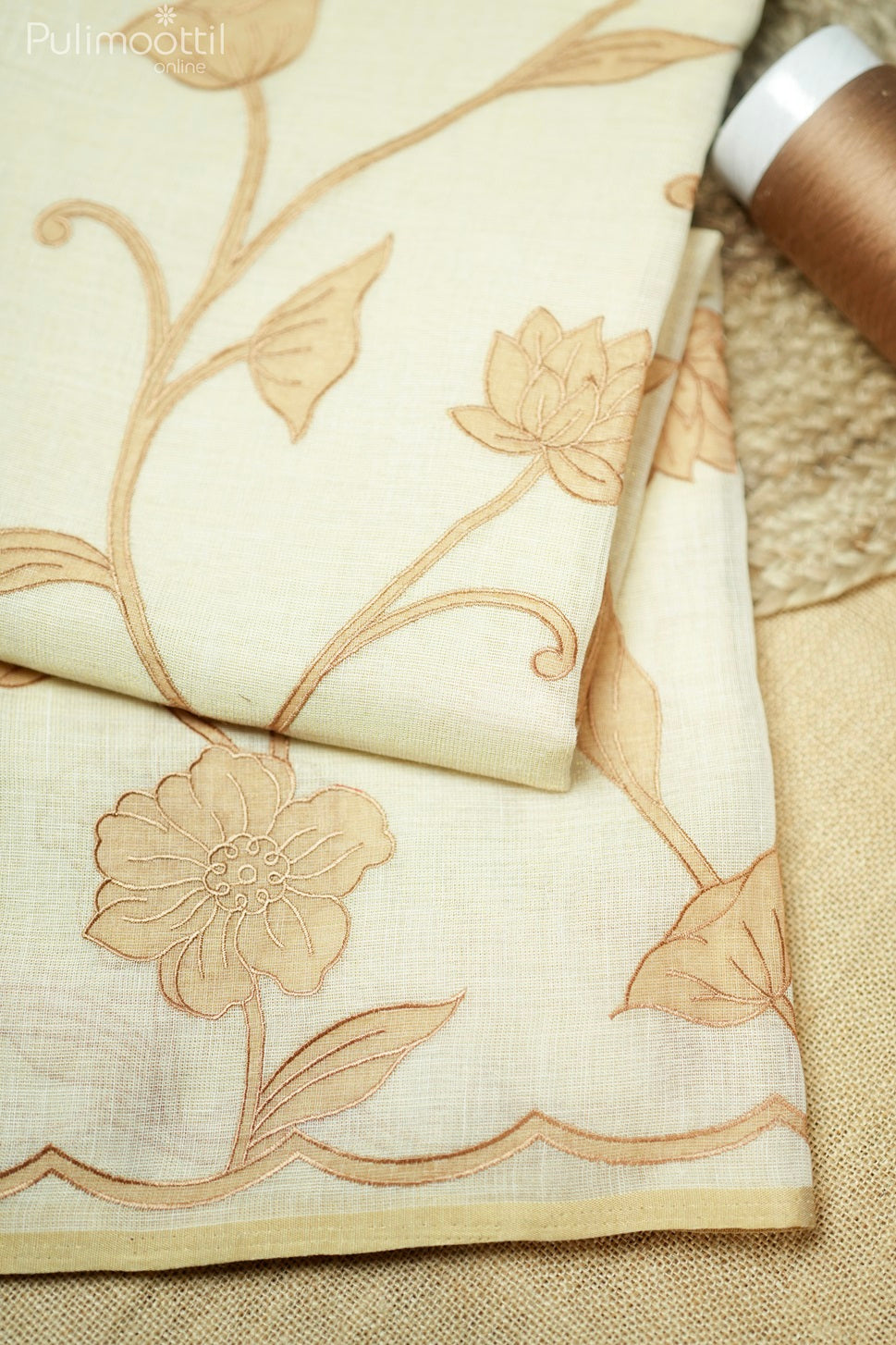 Cream Colour Golden Tissue Linen Saree