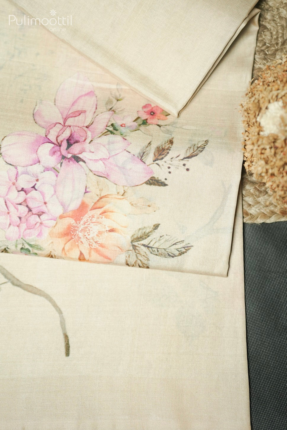 Ivory Colour Digital Print Tussar Silk Saree