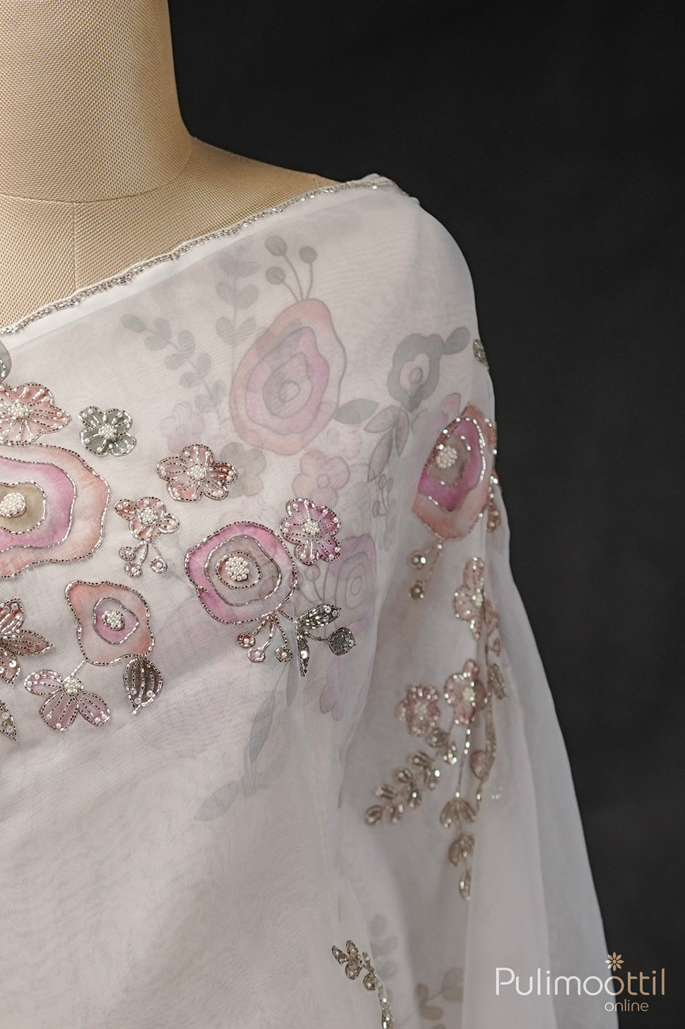 White Colour Organza Fancy Saree.
