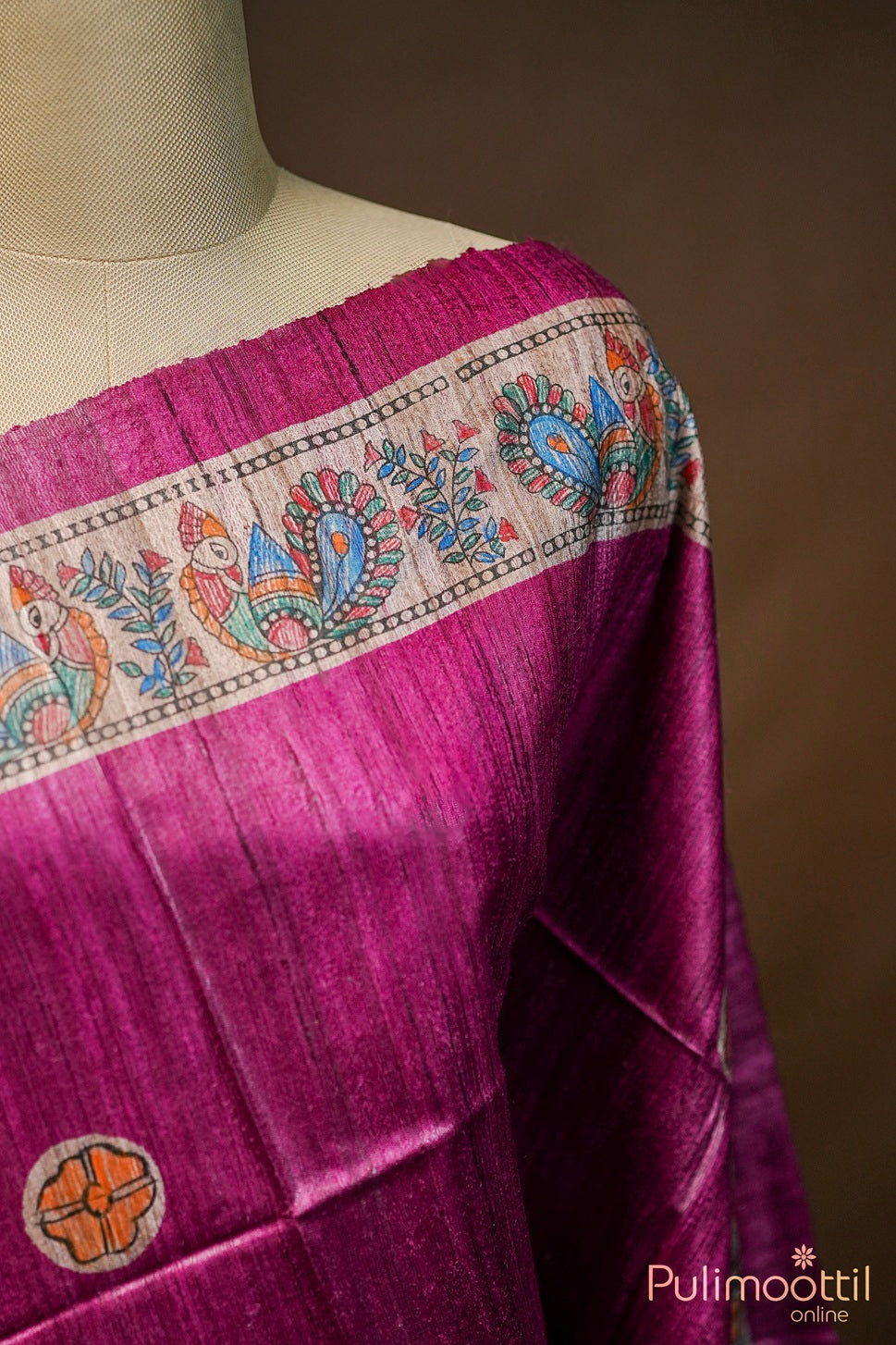 Madhubani Dark Pink Jute Silk Saree.