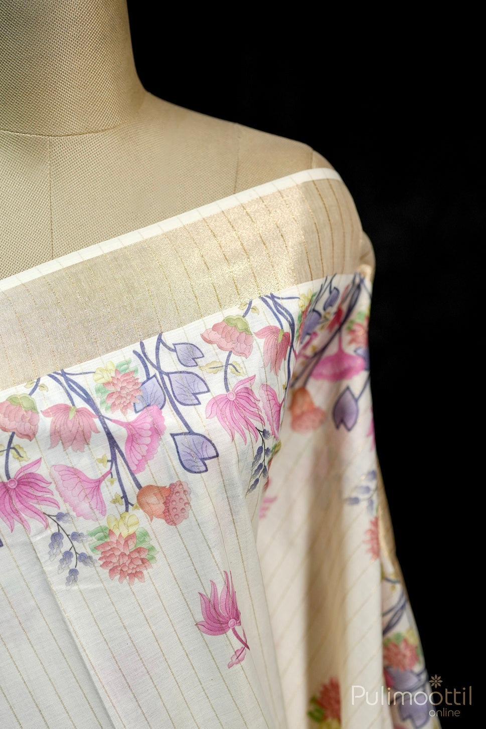 Cream Colour Floral Print Kerala Set Saree.