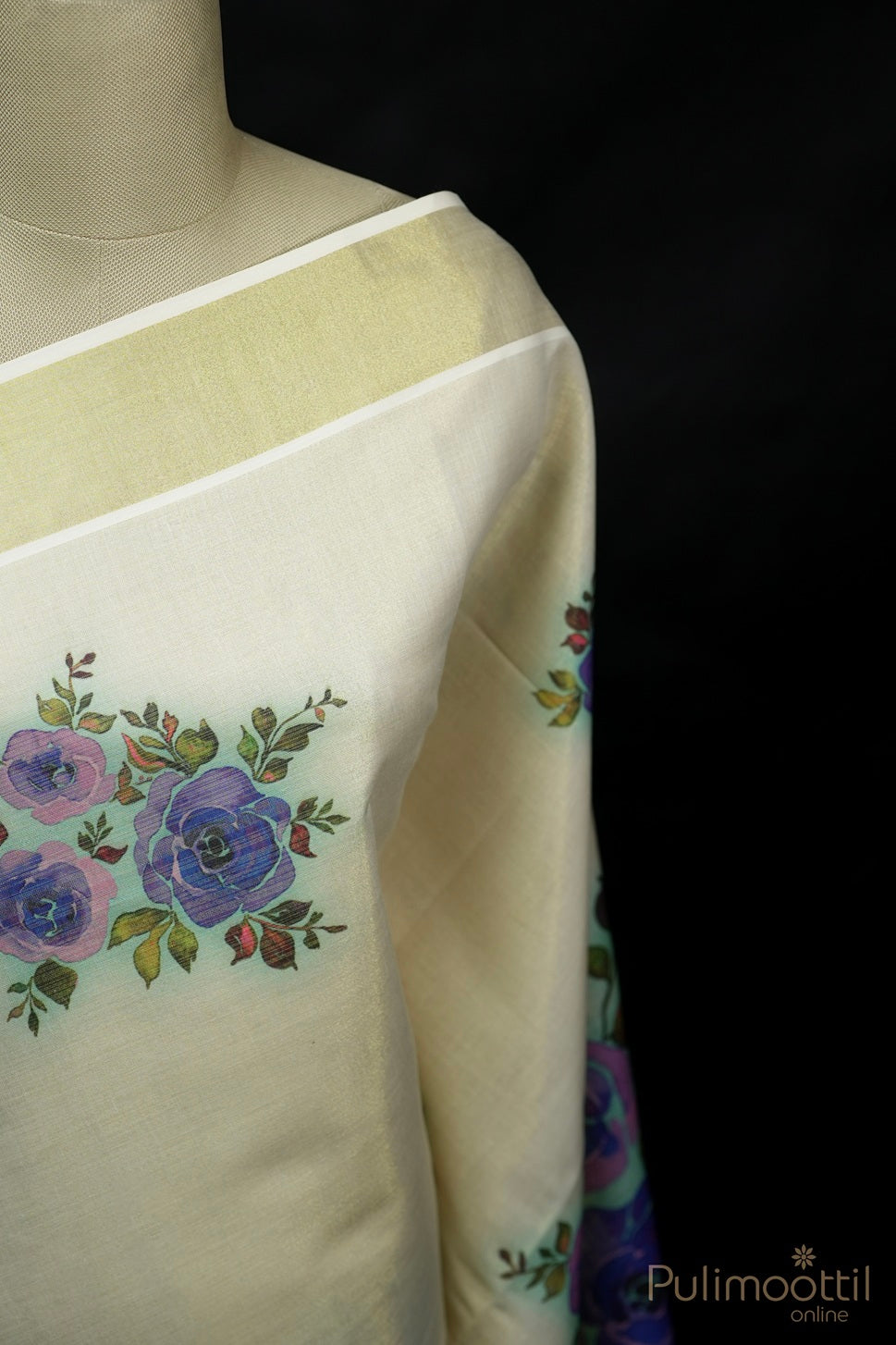 Kerala Golden Tissue Rose Print Set Saree
