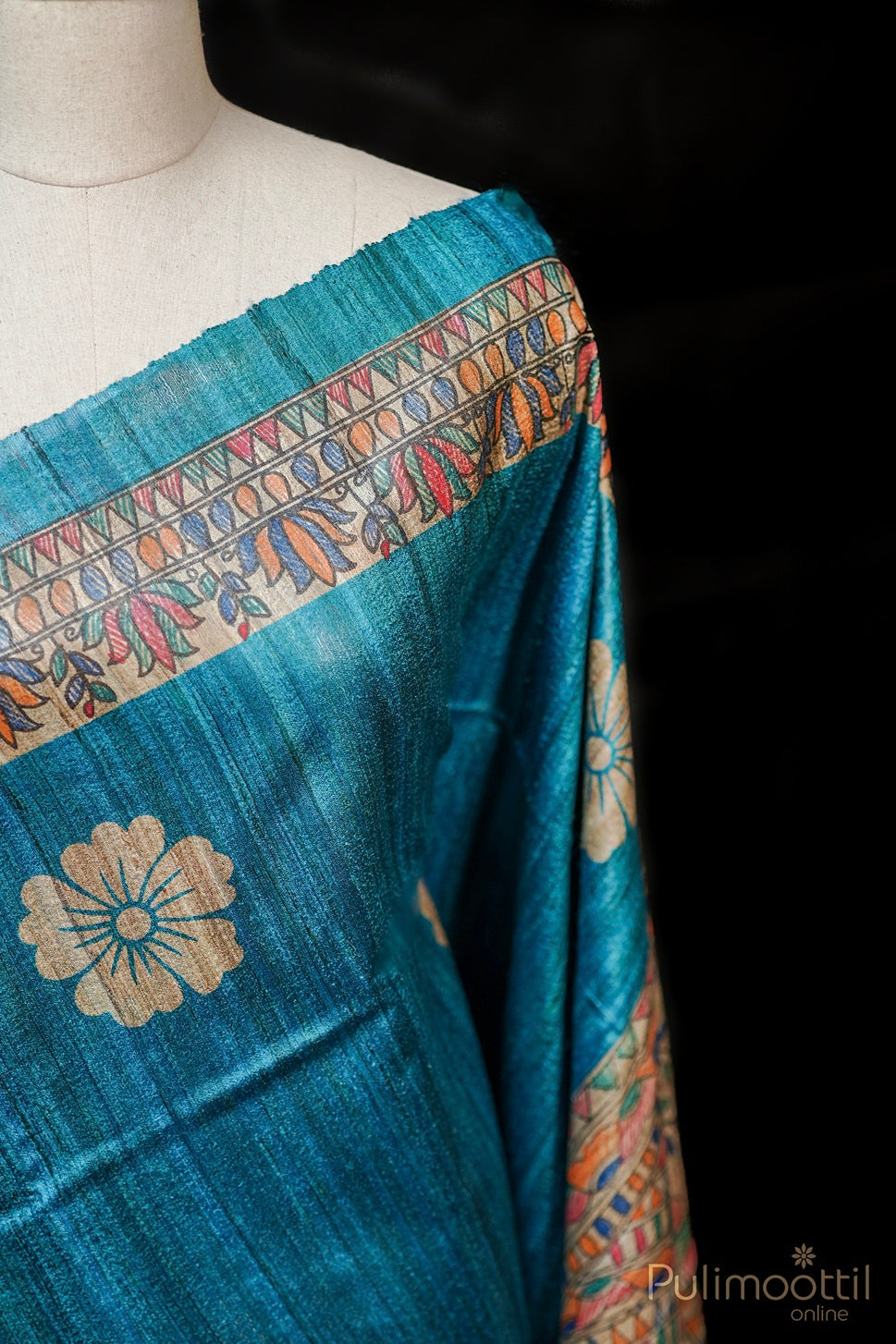 Dark Sky Blue Colour Madhubani Printed Saree.
