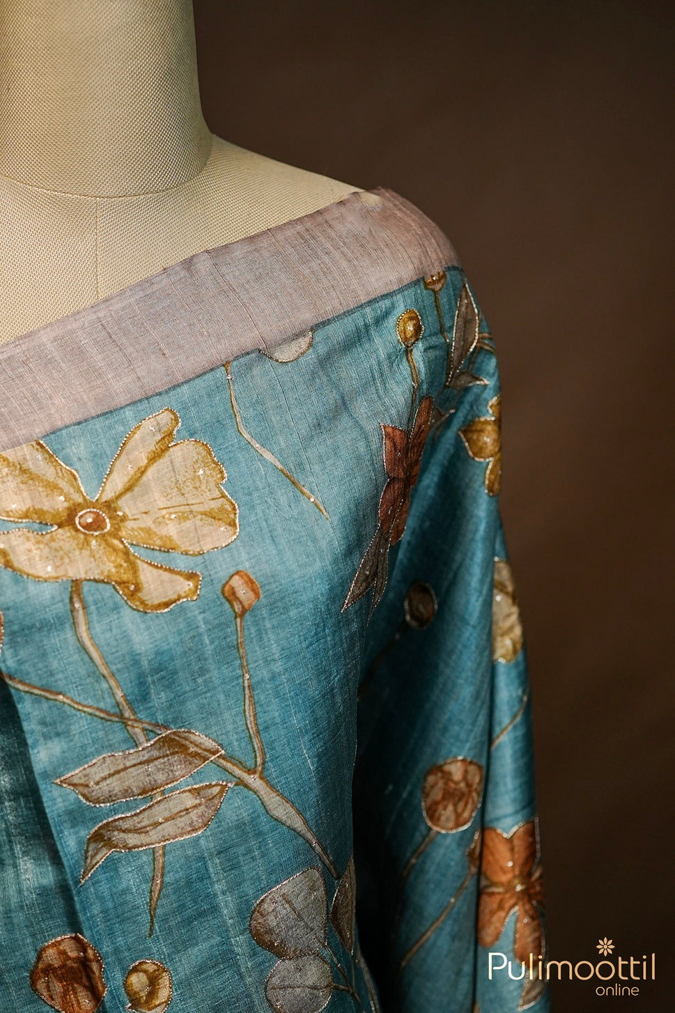 Teal Blue Colour Tussar Silk Saree.