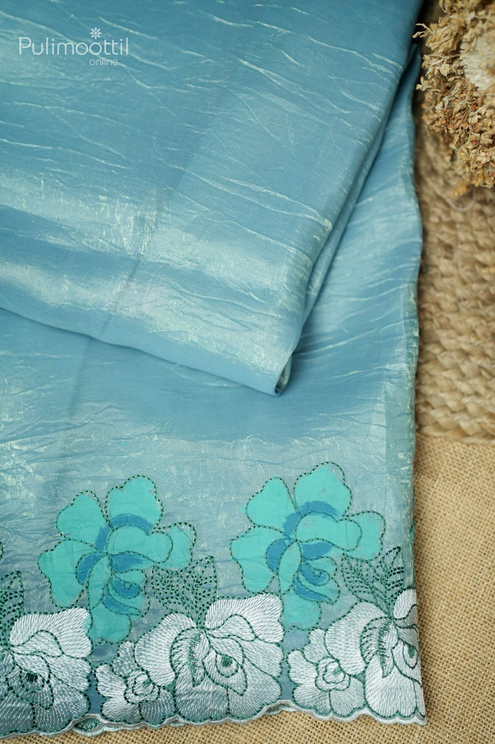 Powder Blue Colour Crushed Organza Fancy Saree