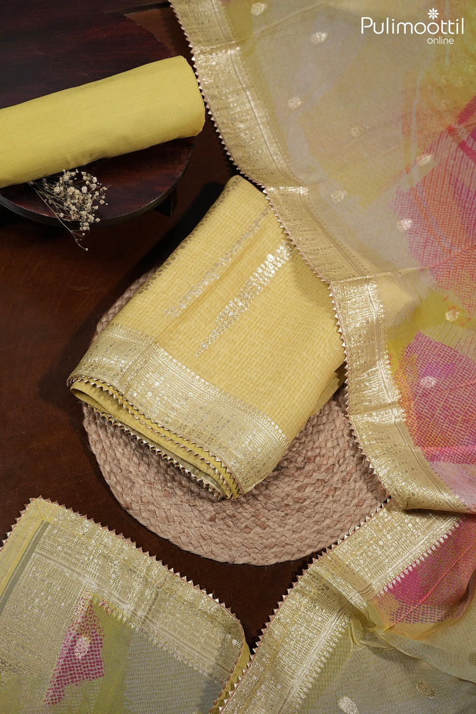 Olive Yellow Organza Unstitched Salwar Set