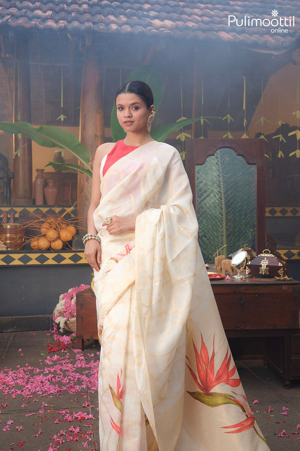 Off White Colour Semi Chanderi Traditional Saree