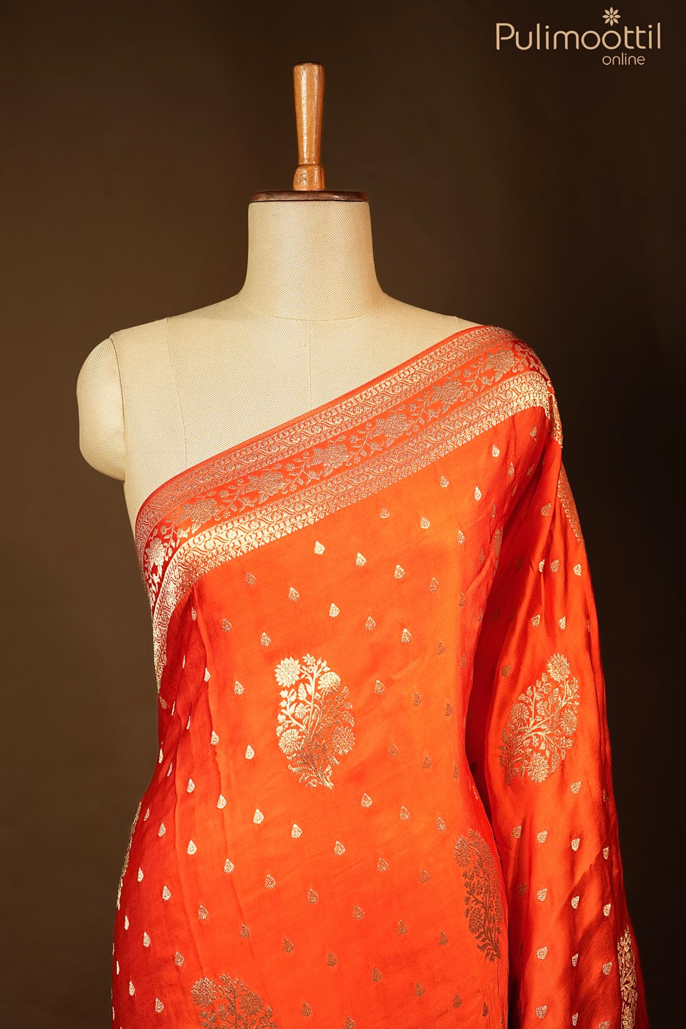 Reddish orange color Banarasi saree