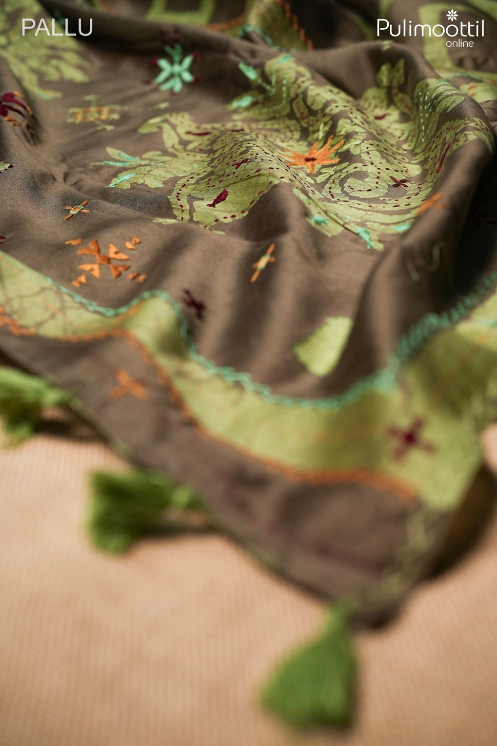 Dark chikku color hand embroidery Chanderi batik printed saree