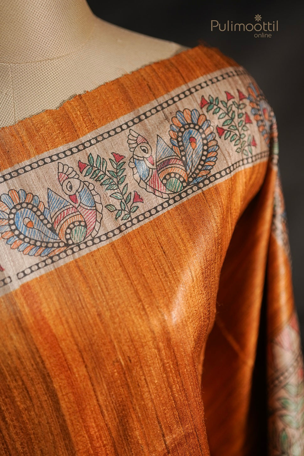 Dark Yellow Colour Madhubani Printed Jute Silk Saree