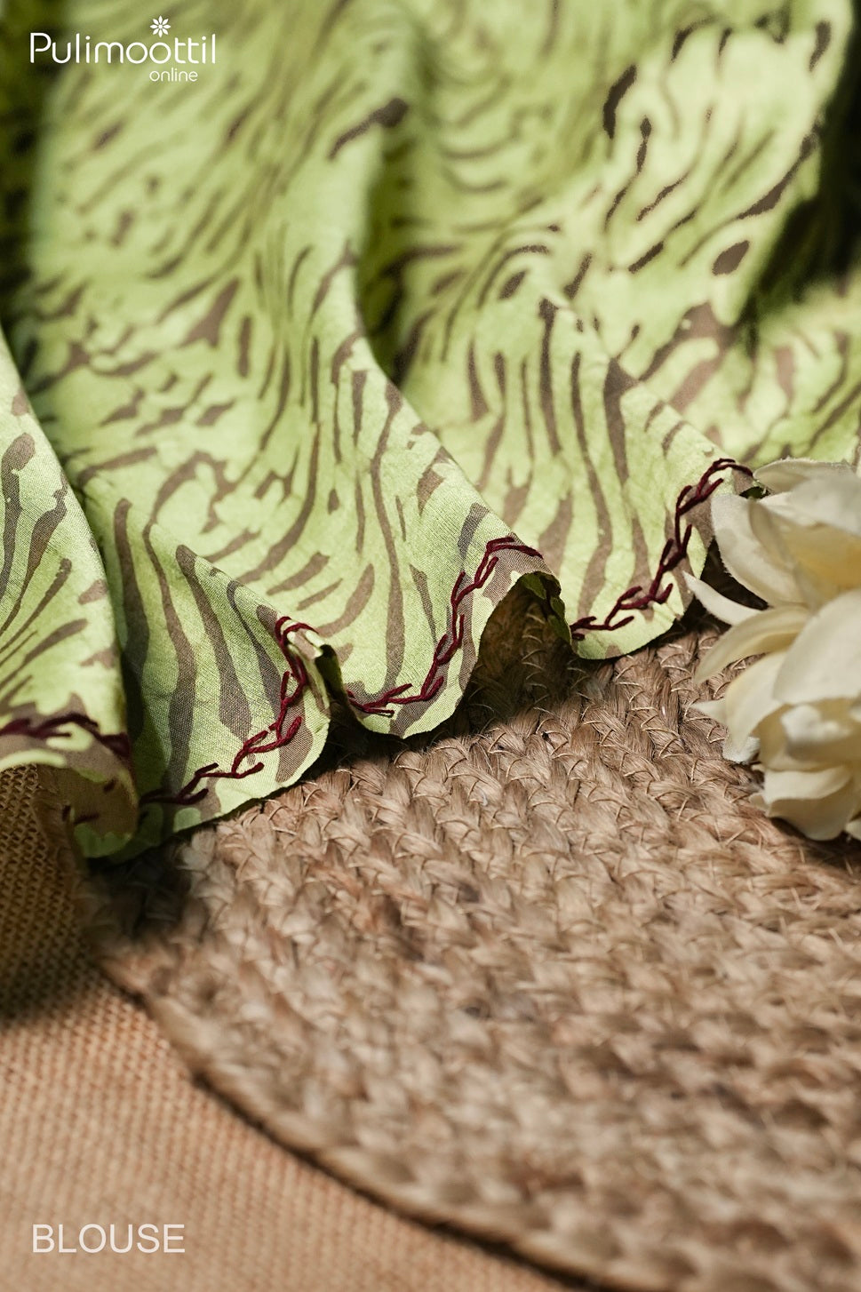 Dark chikku color hand embroidery Chanderi batik printed saree