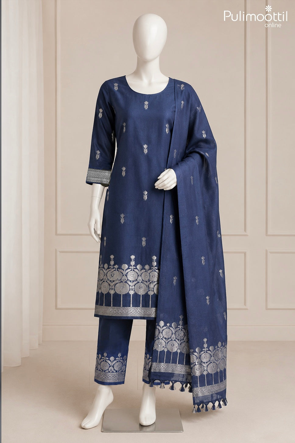 Blue Chanderi Silk Unstitched Salwar Set