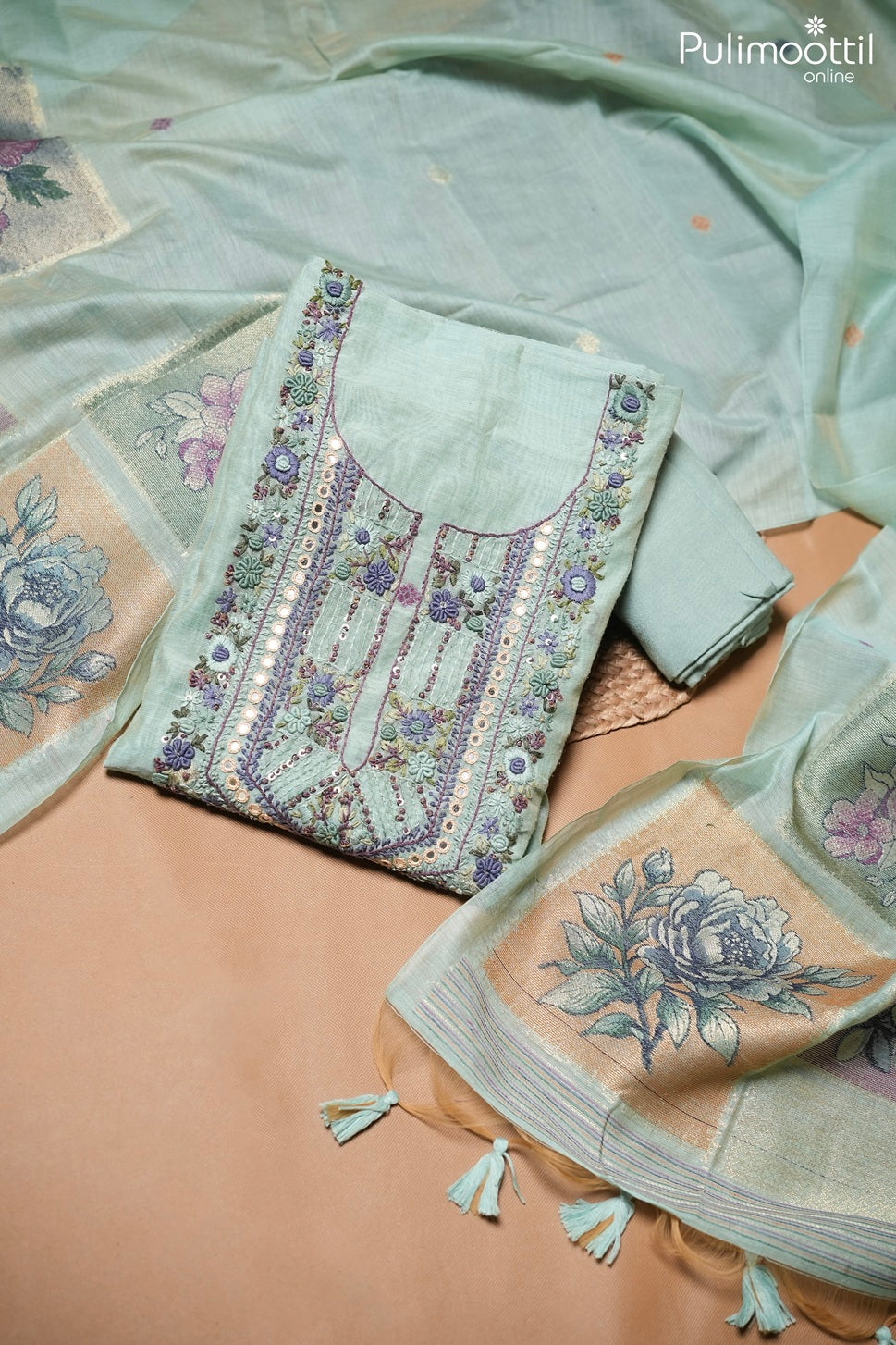 Olive Green Semi Chanderi Unstitched Salwar Set
