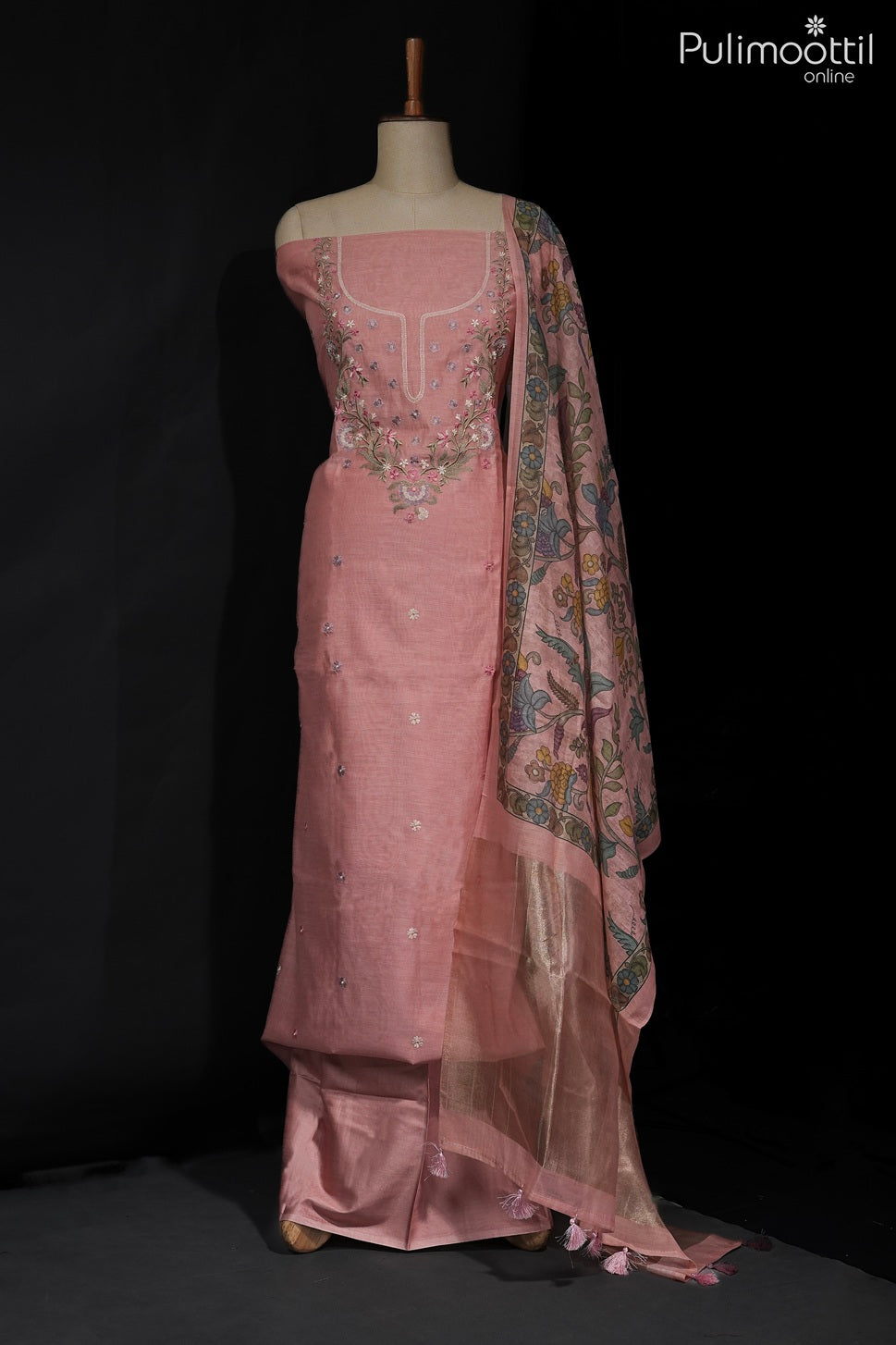 Peach Pink Chanderi Unstitched Salwar Set