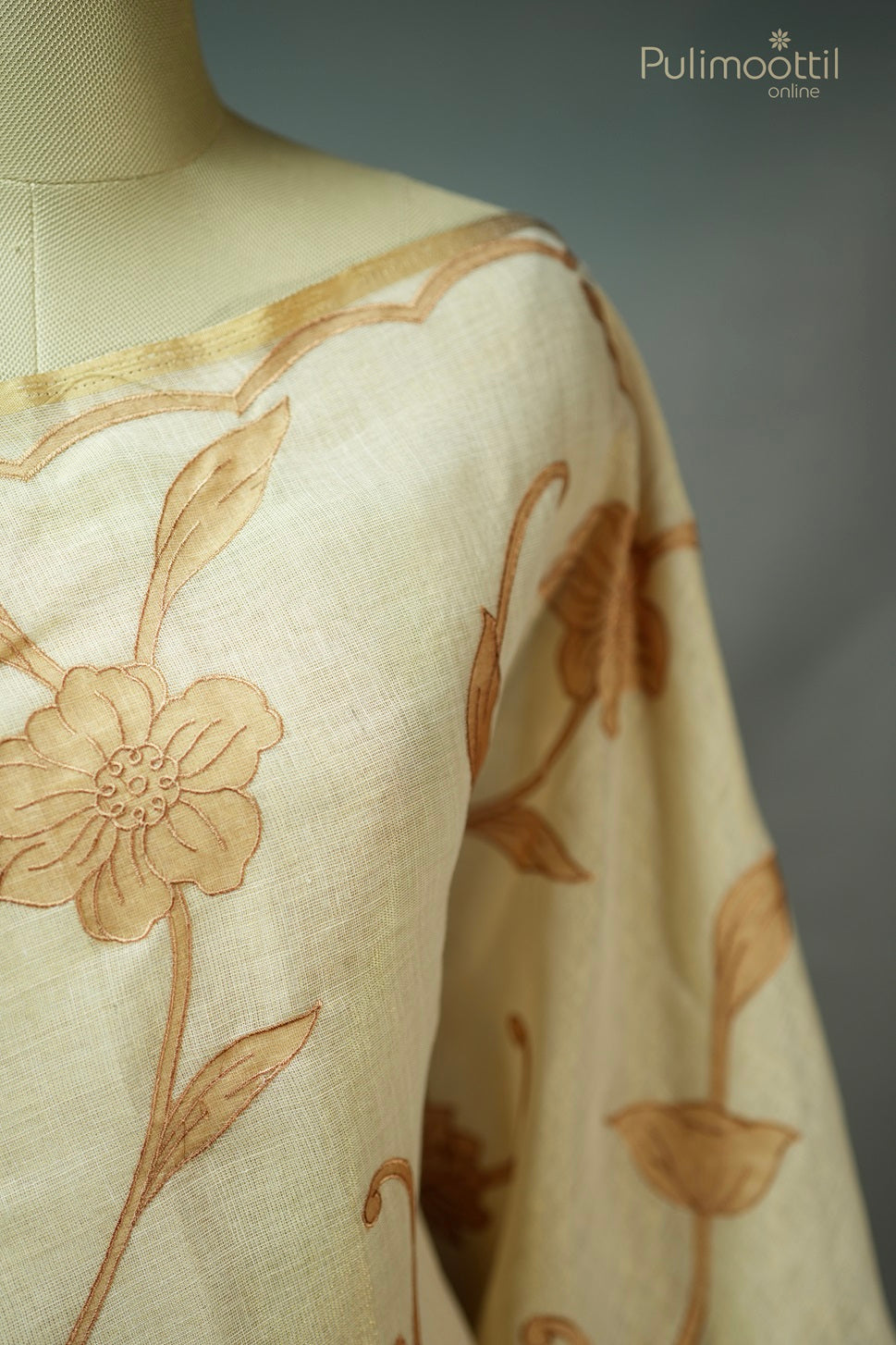 Cream Colour Golden Tissue Linen Saree