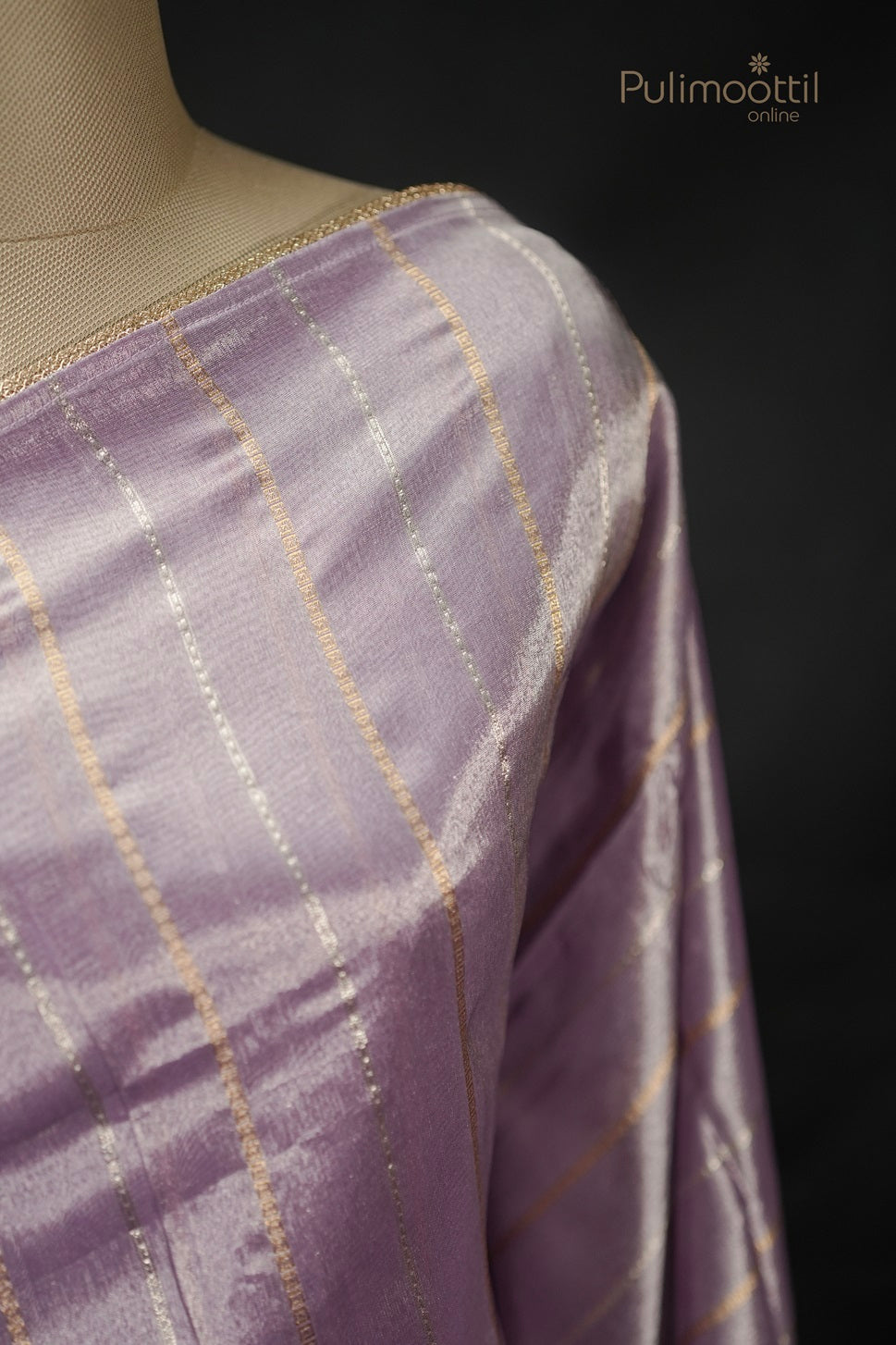 Lavender organza saree fabric with golden and silver vertical stripes
