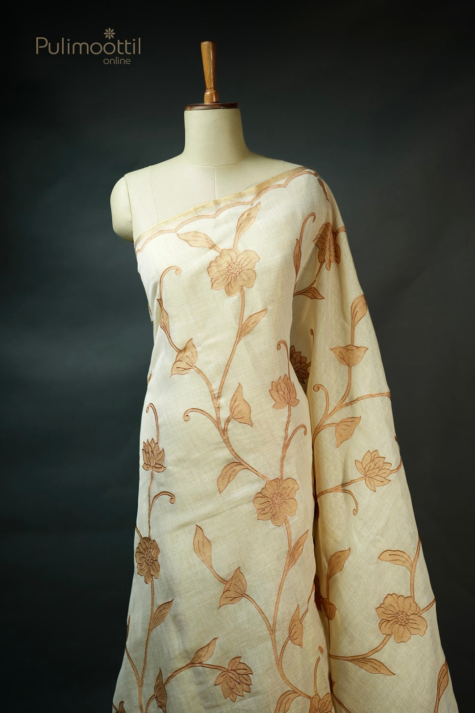 Cream Colour Golden Tissue Linen Saree