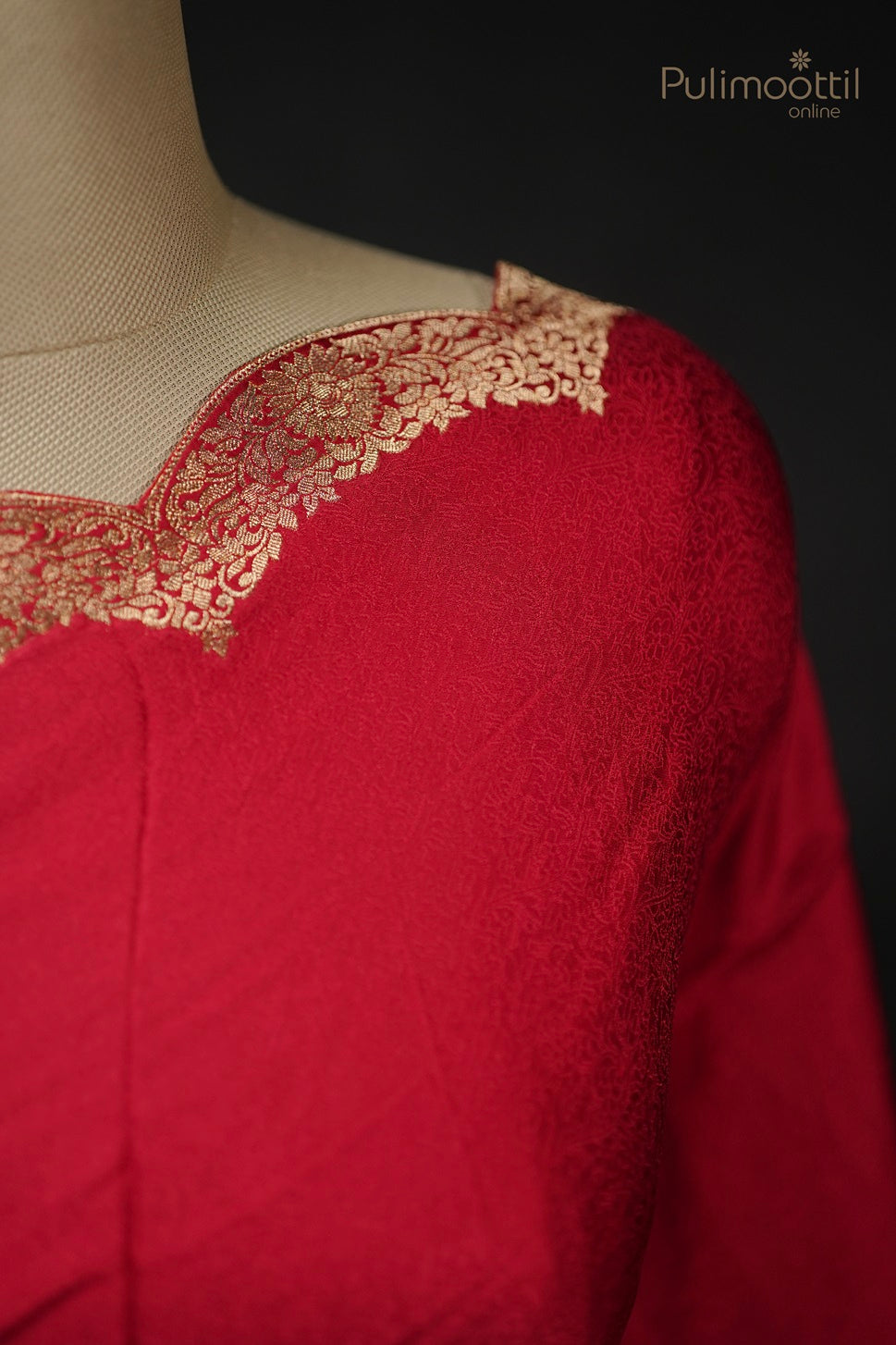 Chili red Banarasi silk saree fabric with golden mango motif border and self-design