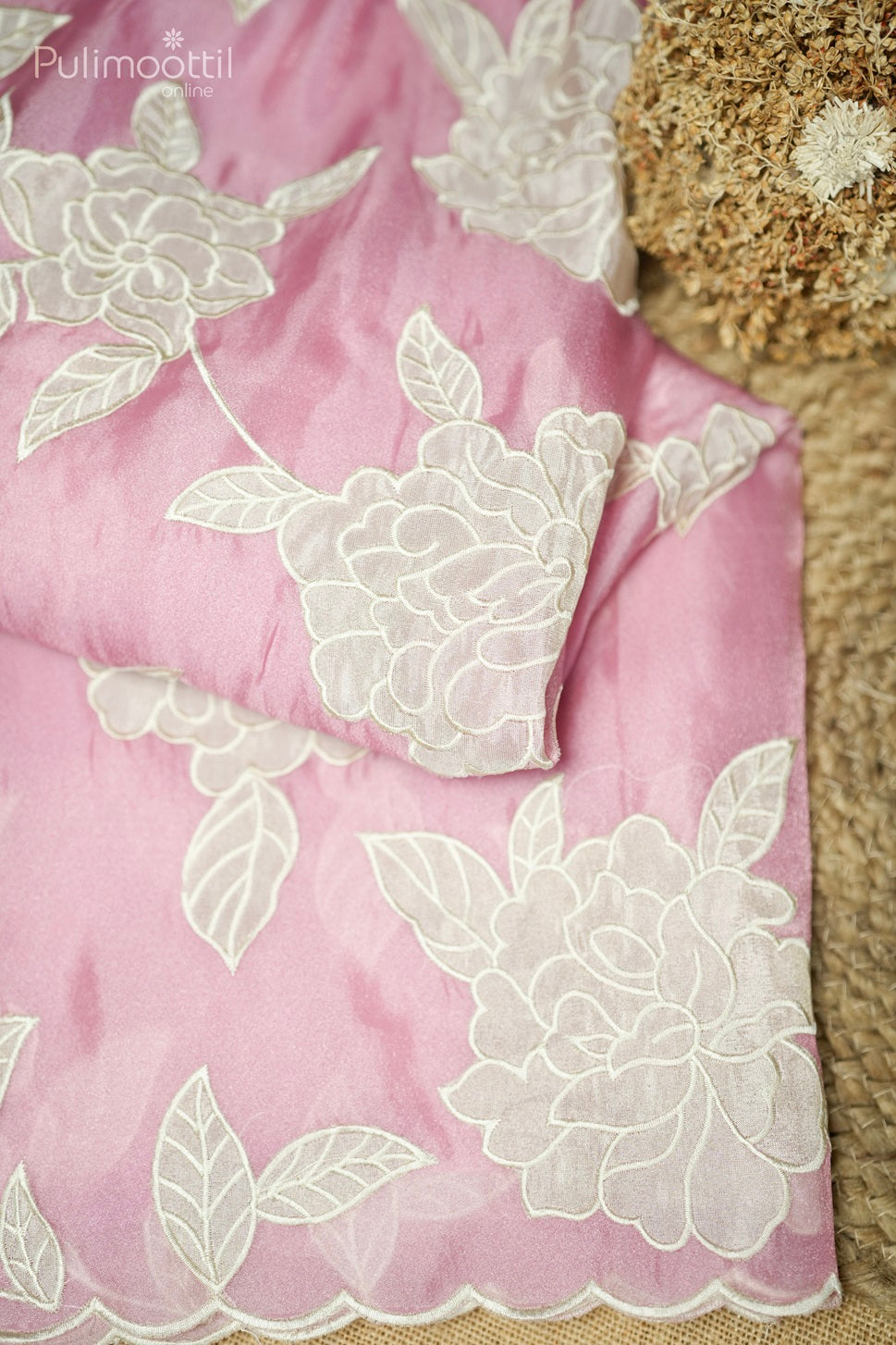 Pastel Pink Colour Appliqué Work Organza Fancy Saree.