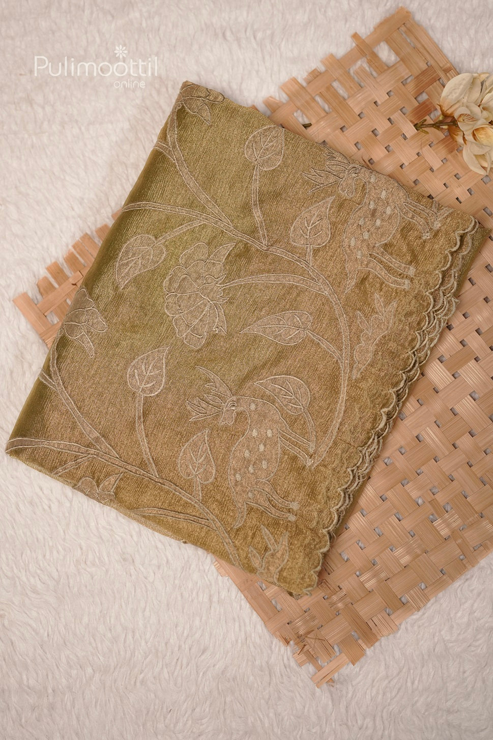 Pastel Olive Green Colour shimmer Organza  Applique Work Fancy Saree