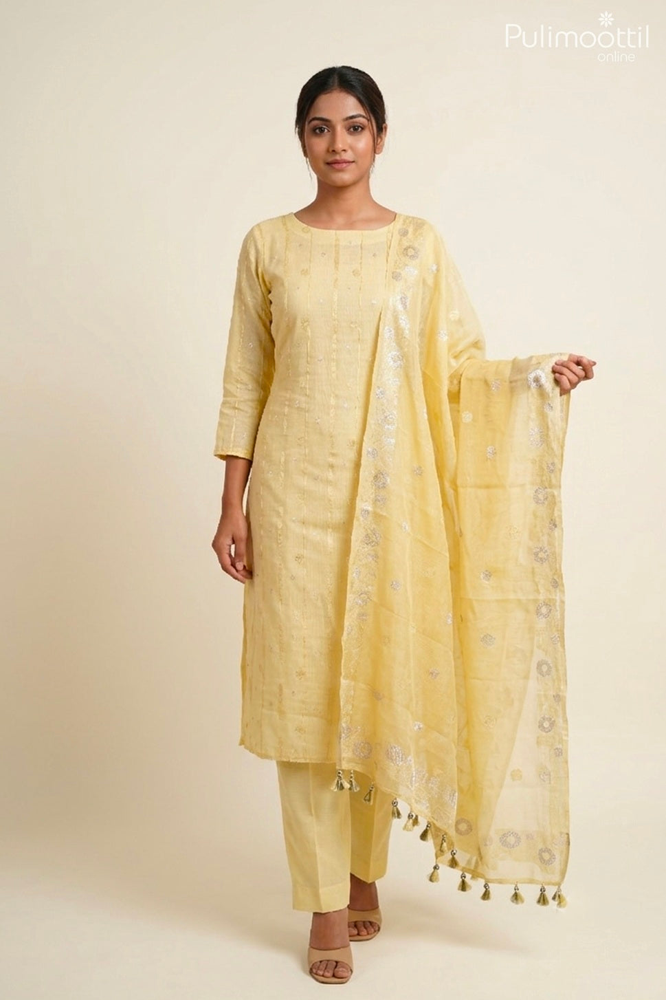 LIGHT YELLOW CHANDERI COTTON UNSTITCHED SALWAR SET