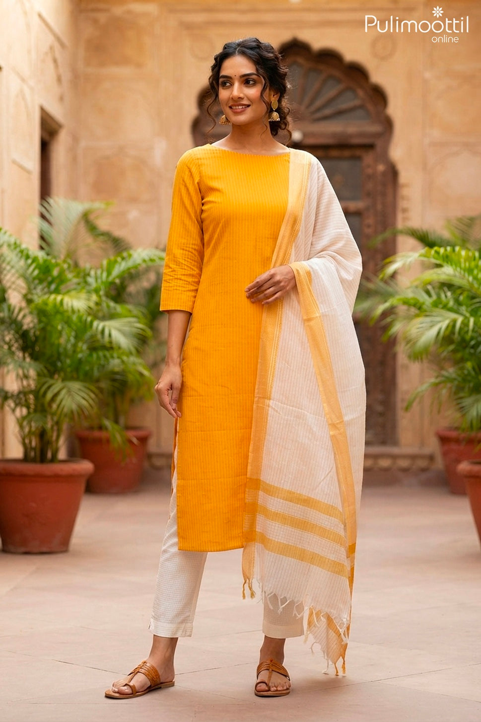 Yellow Cotton Unstitched Salwar Set