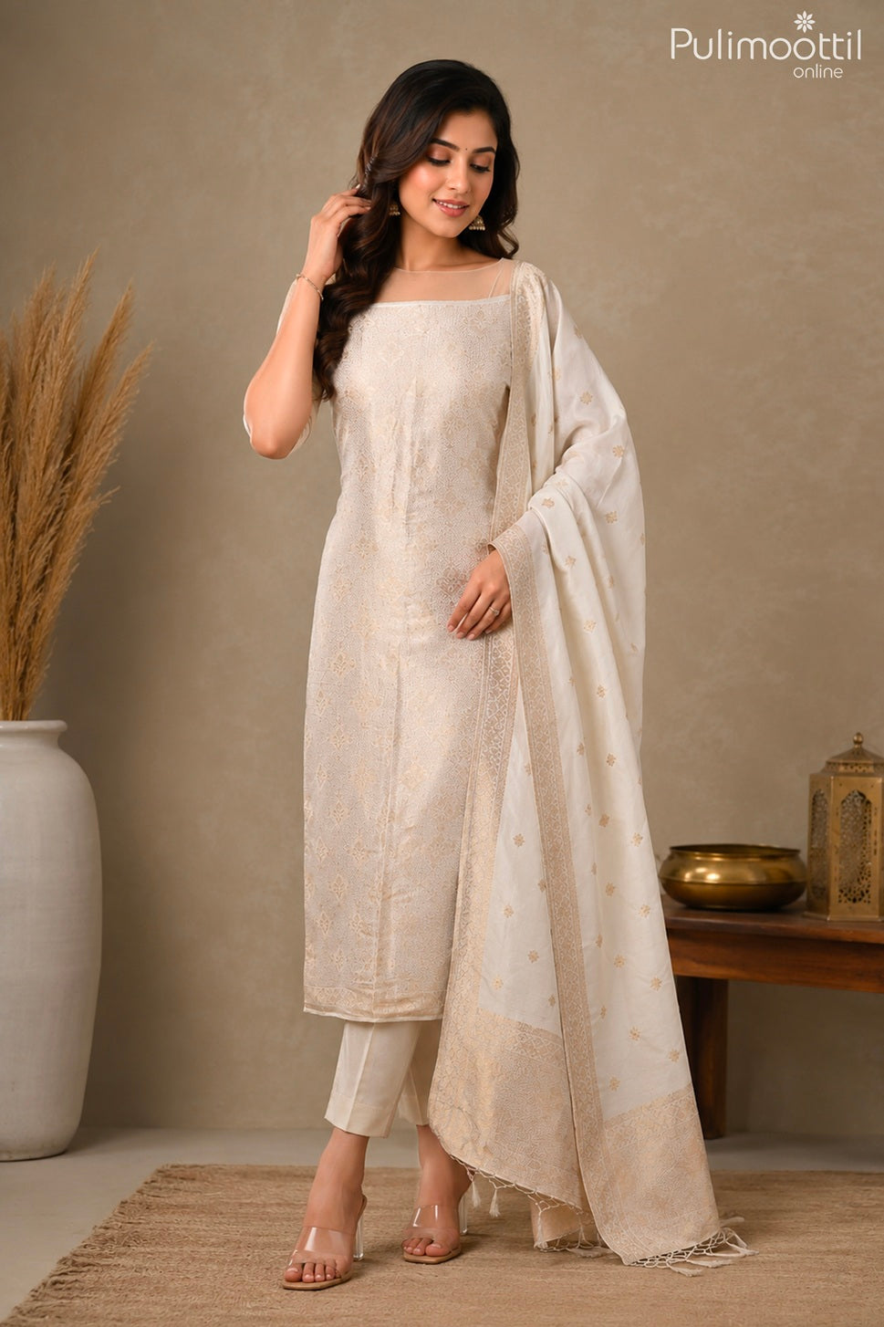 Off White Golden Tissue Unstitched Salwar Set