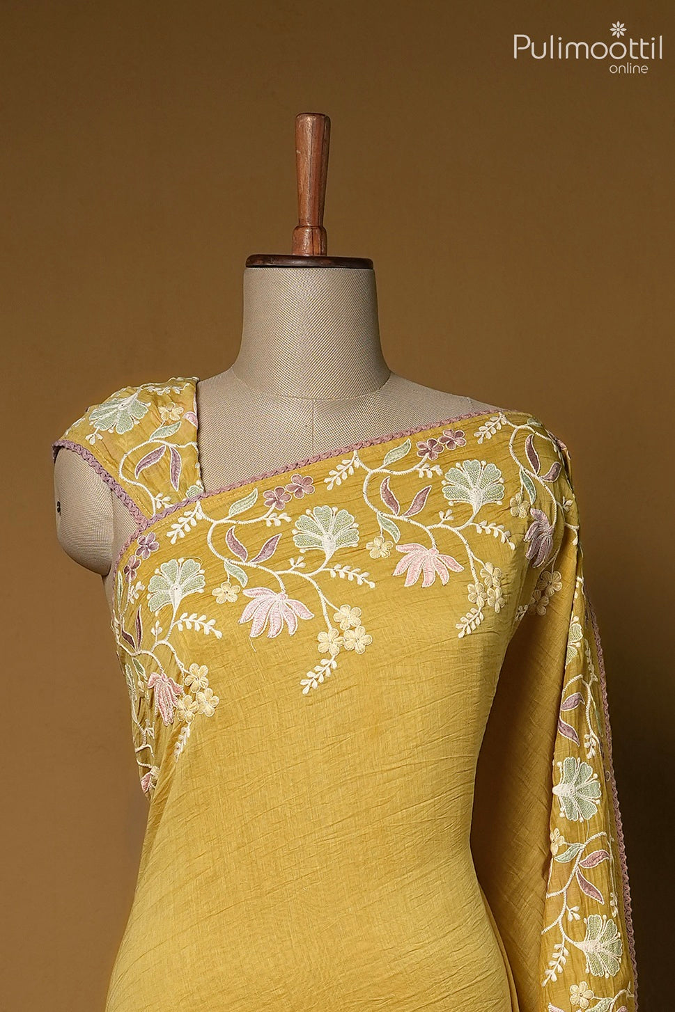 Olive yellow color crushed Chanderi silk saree