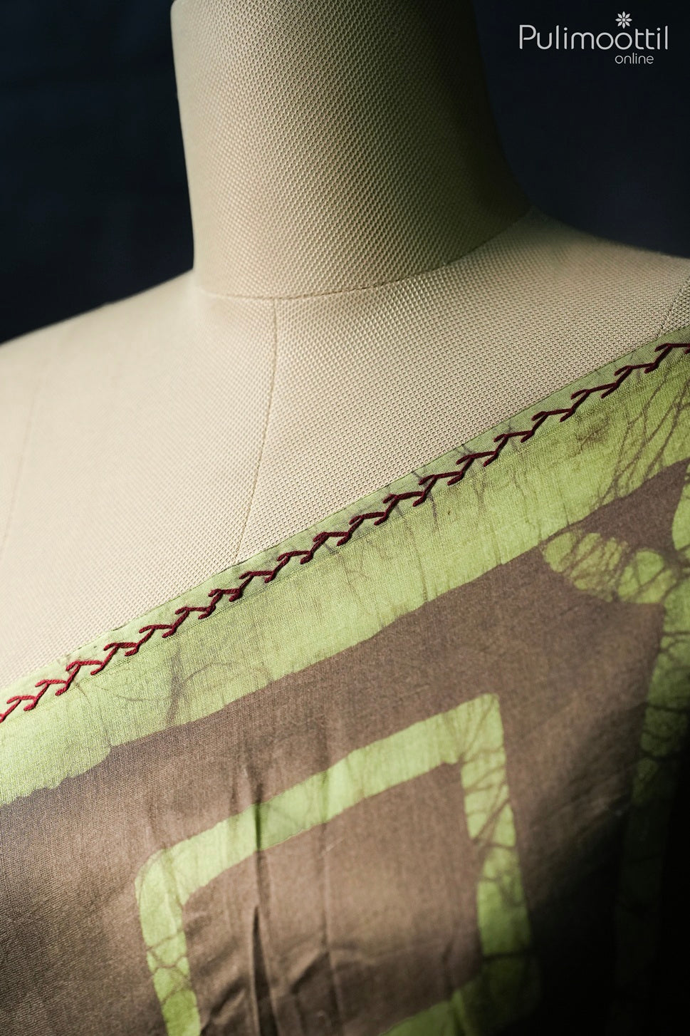 Dark chikku color hand embroidery Chanderi batik printed saree